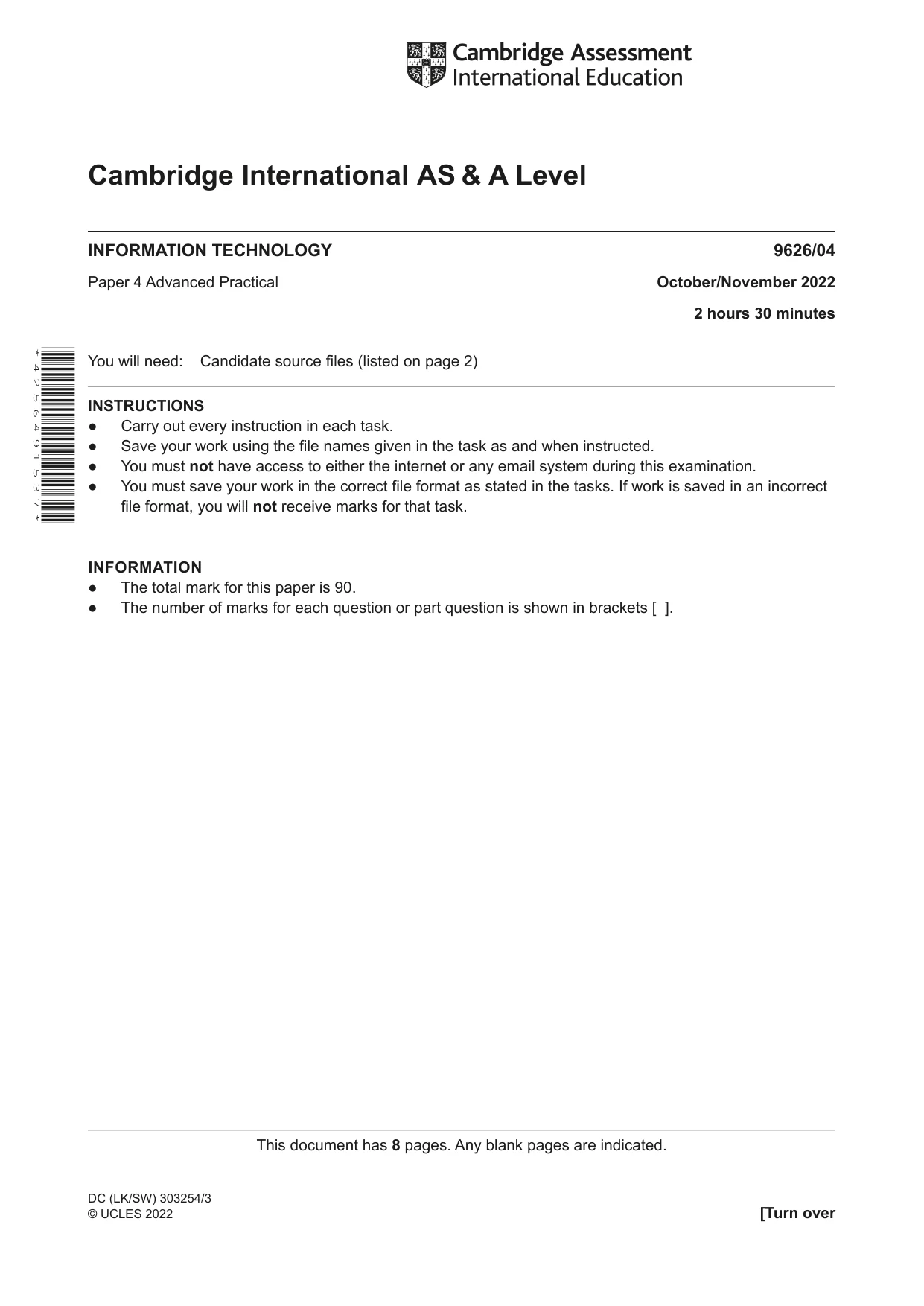 Cambridge A Level Information Technology (from 2017) 9626 2022 Oct/Nov Paper 4 · Variant 0 question paper, page 1 of 8