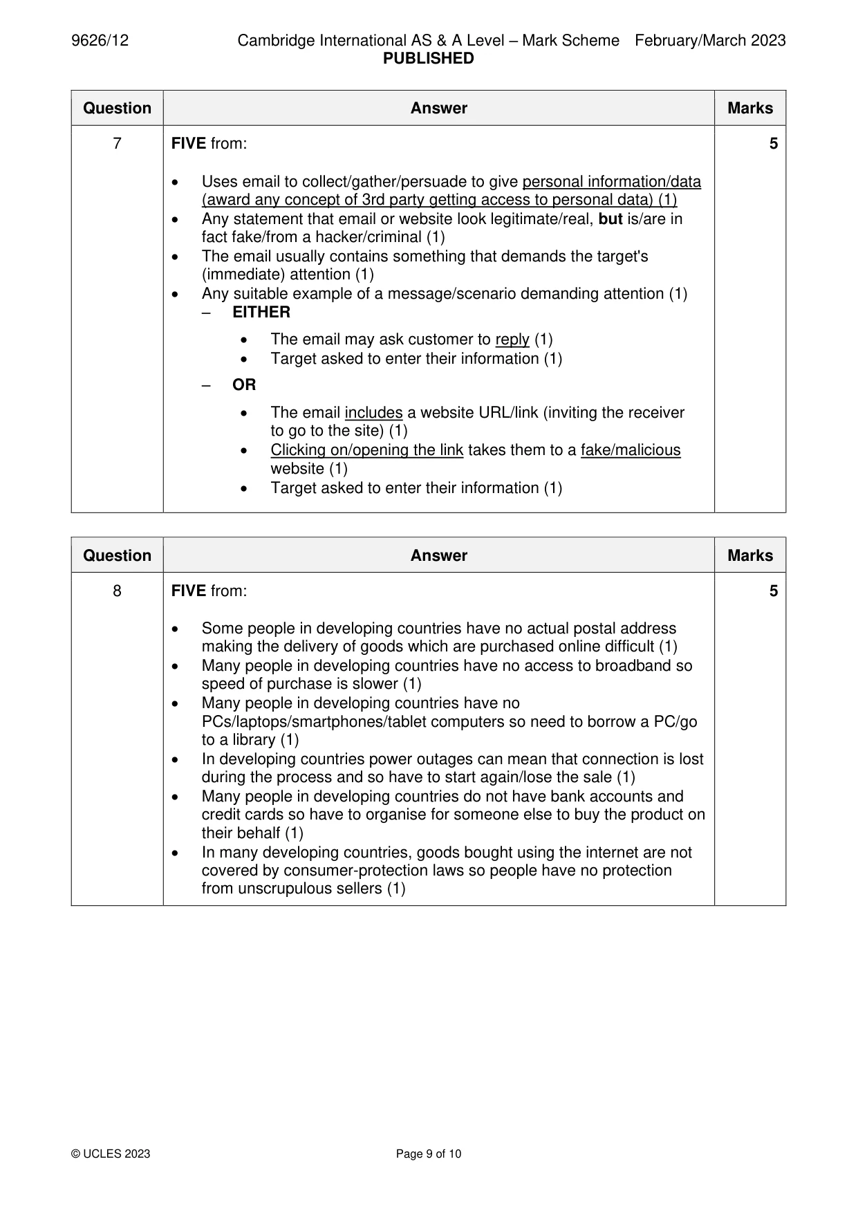 Mark scheme, page 9 of 10