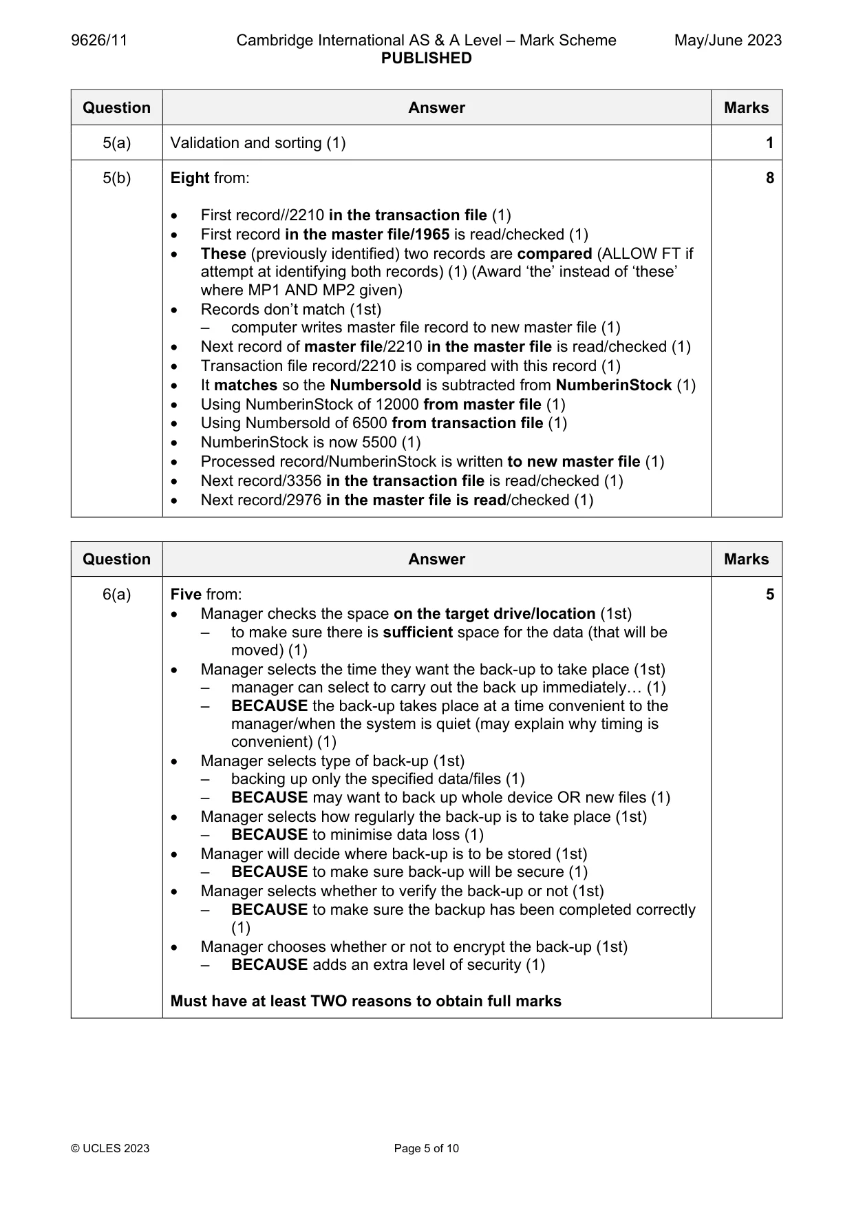 Mark scheme, page 5 of 10
