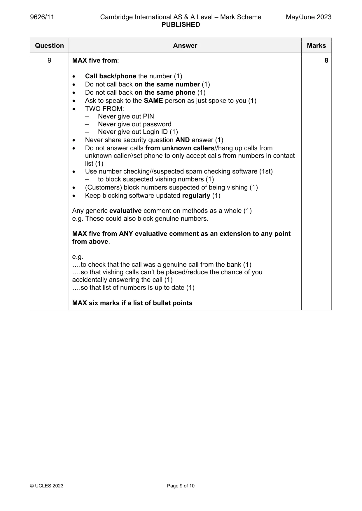 Mark scheme, page 9 of 10