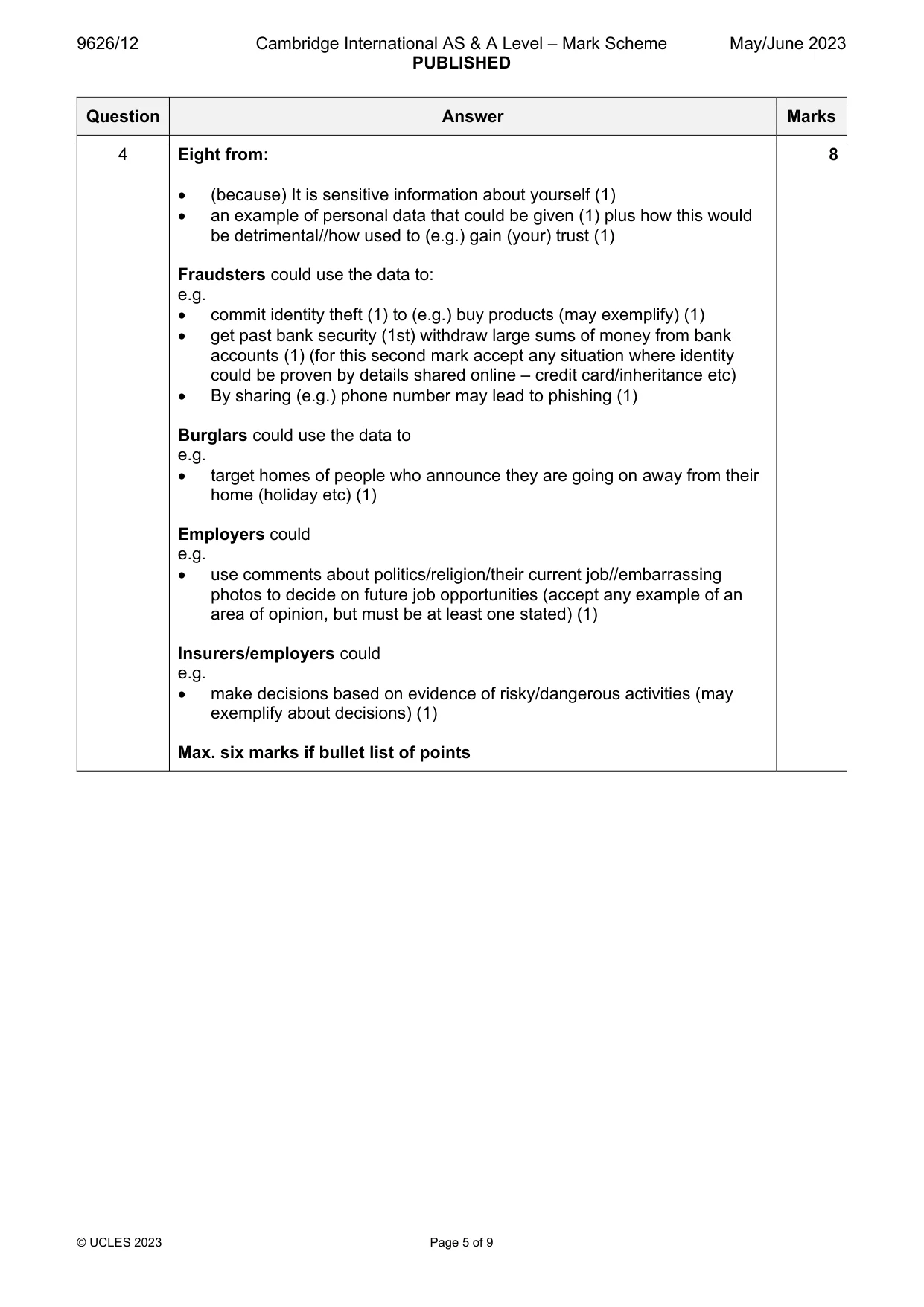 Mark scheme, page 5 of 9