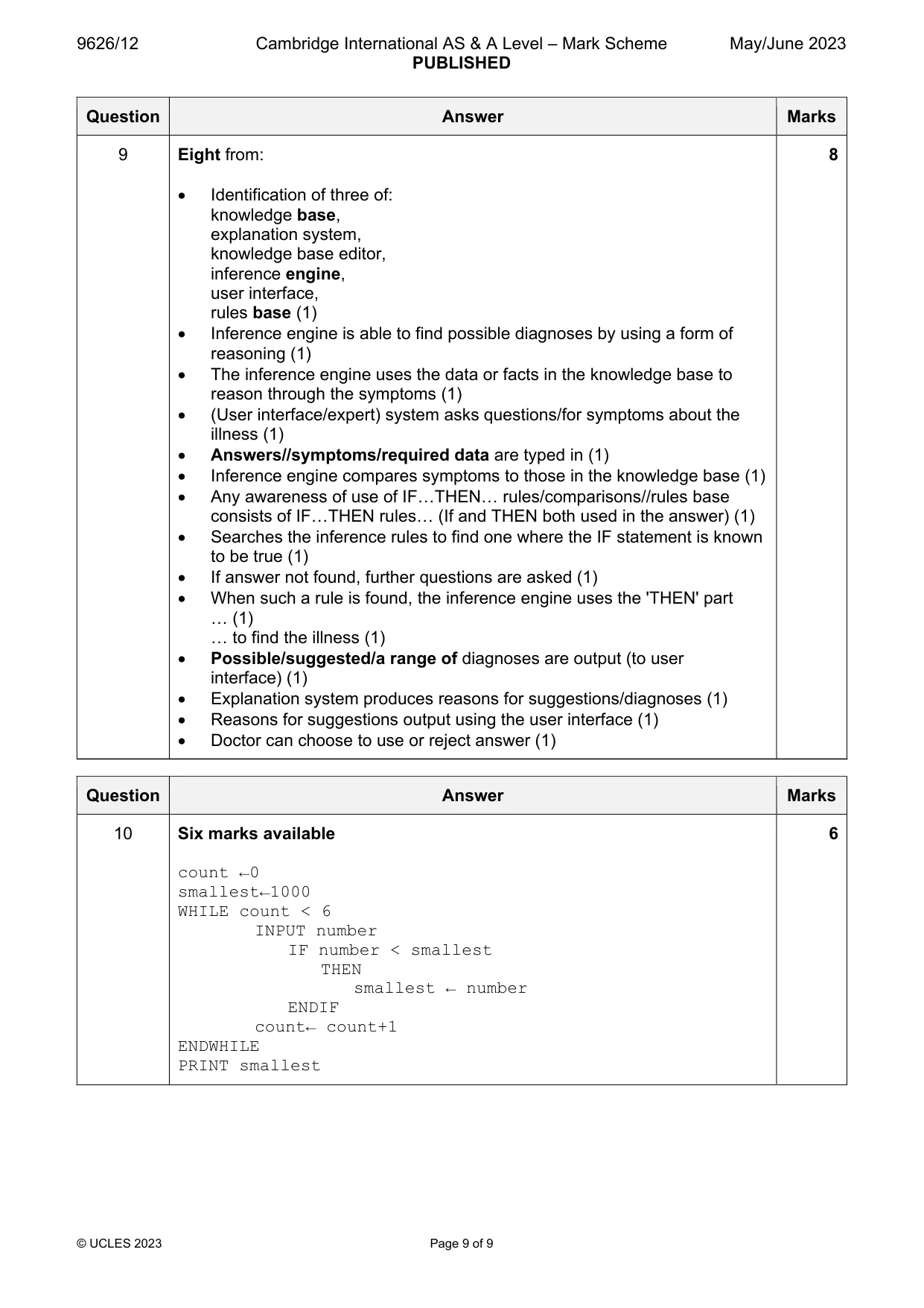 Mark scheme, page 9 of 9