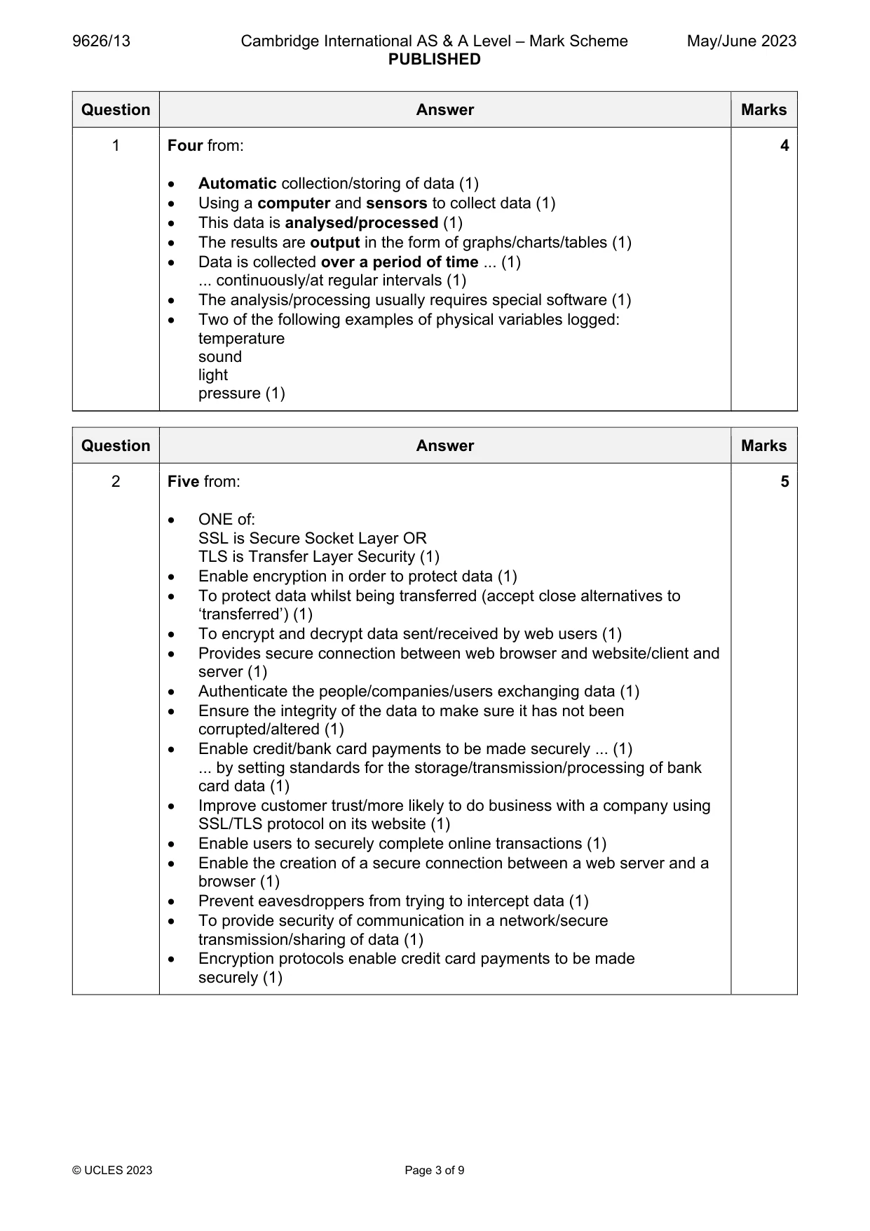 Mark scheme, page 3 of 9