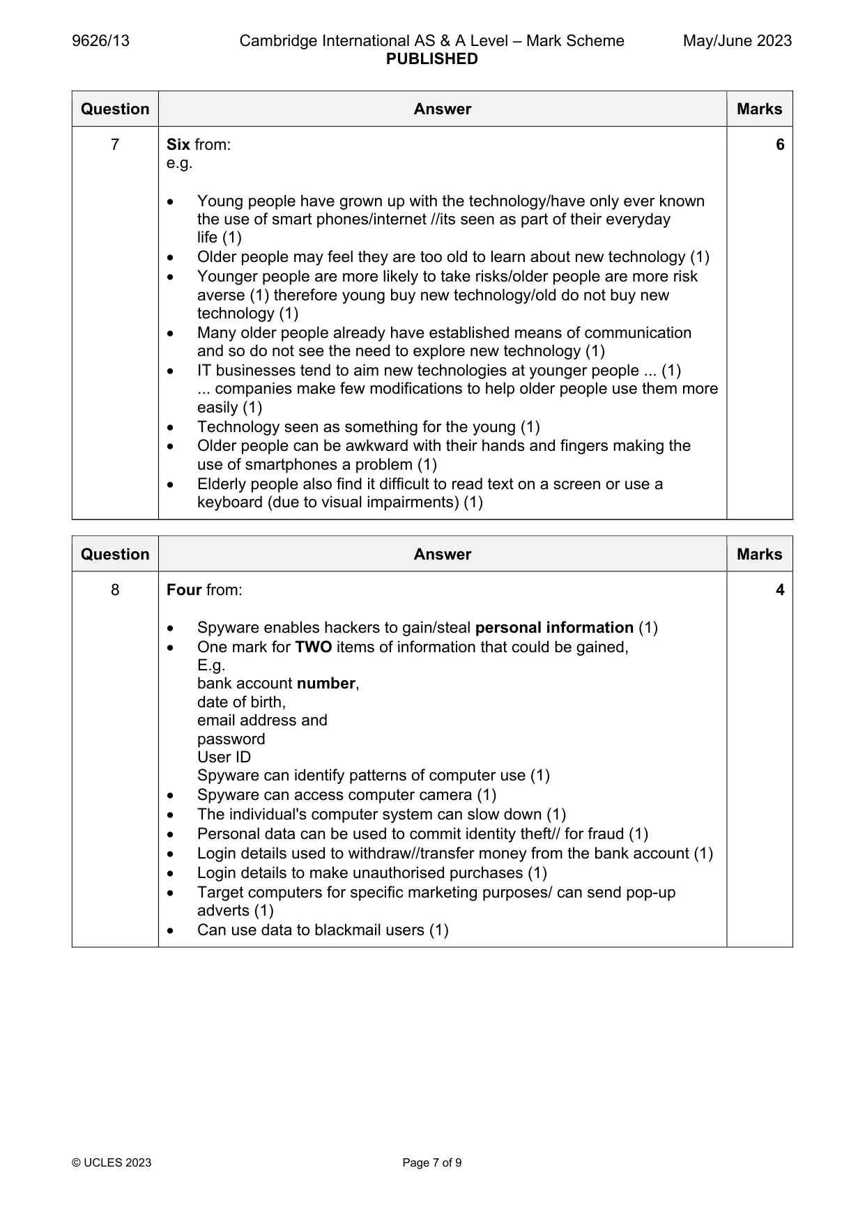 Mark scheme, page 7 of 9