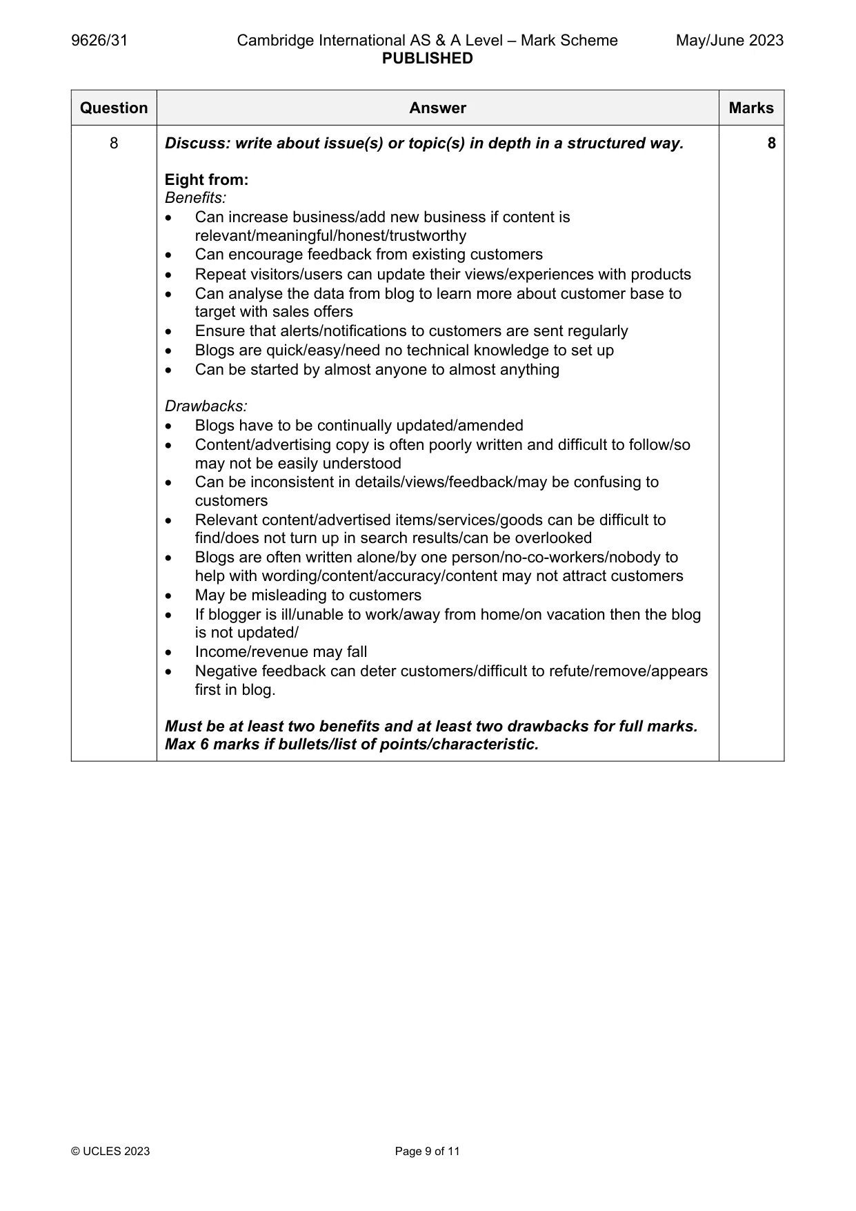 Mark scheme, page 9 of 11