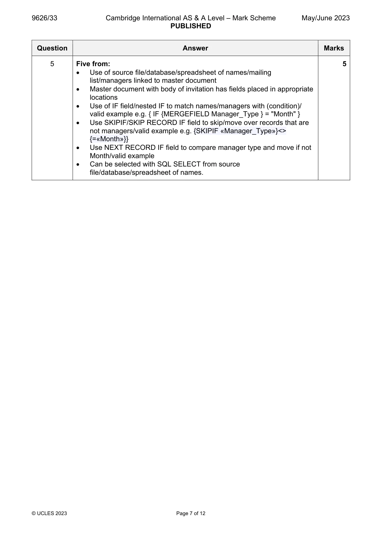 Mark scheme, page 7 of 12