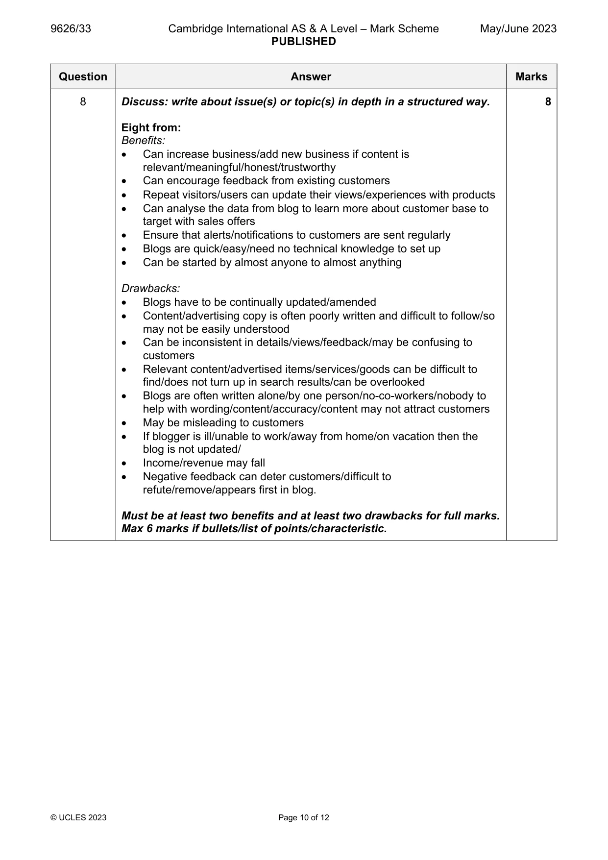 Mark scheme, page 10 of 12