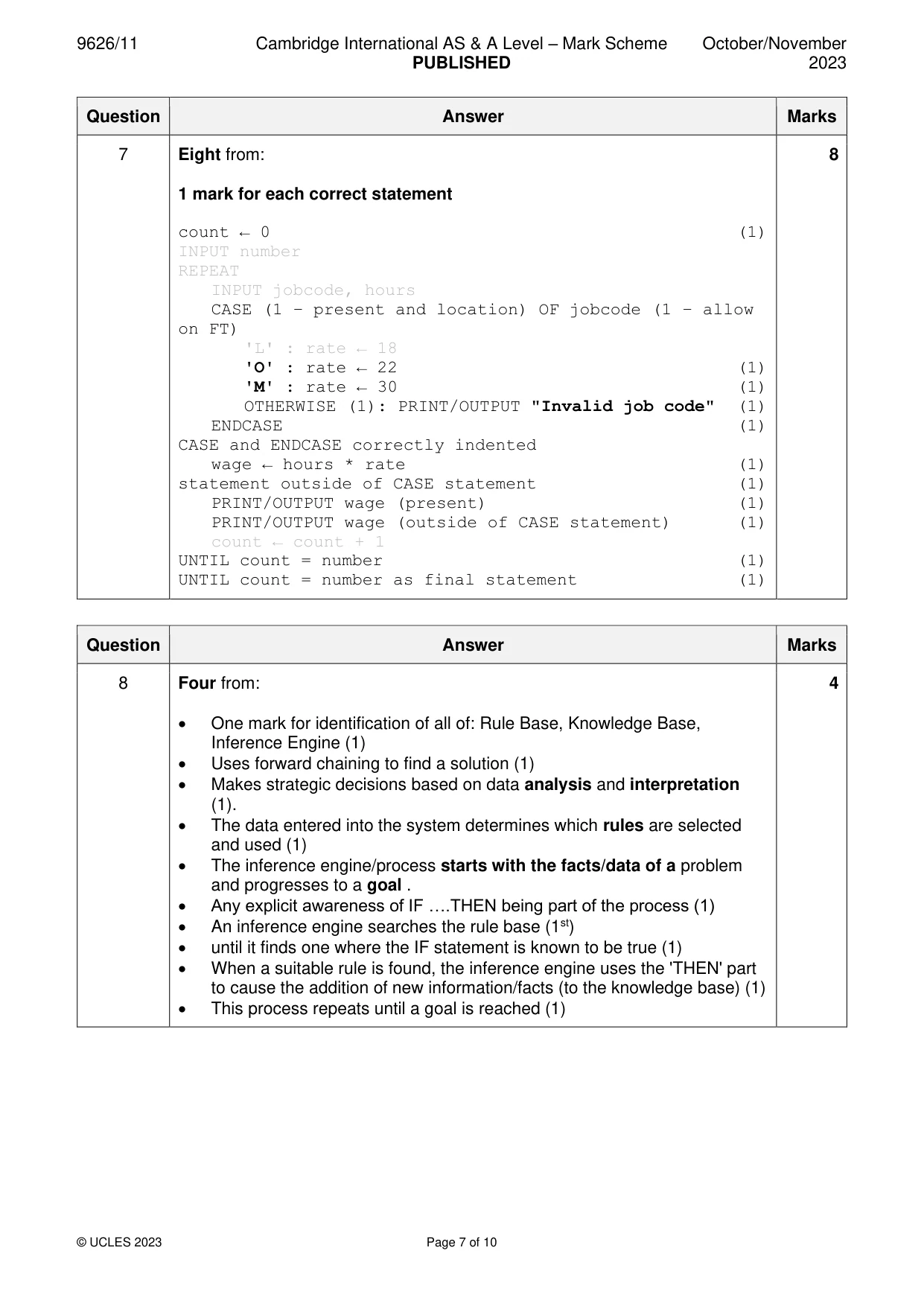 Mark scheme, page 7 of 10