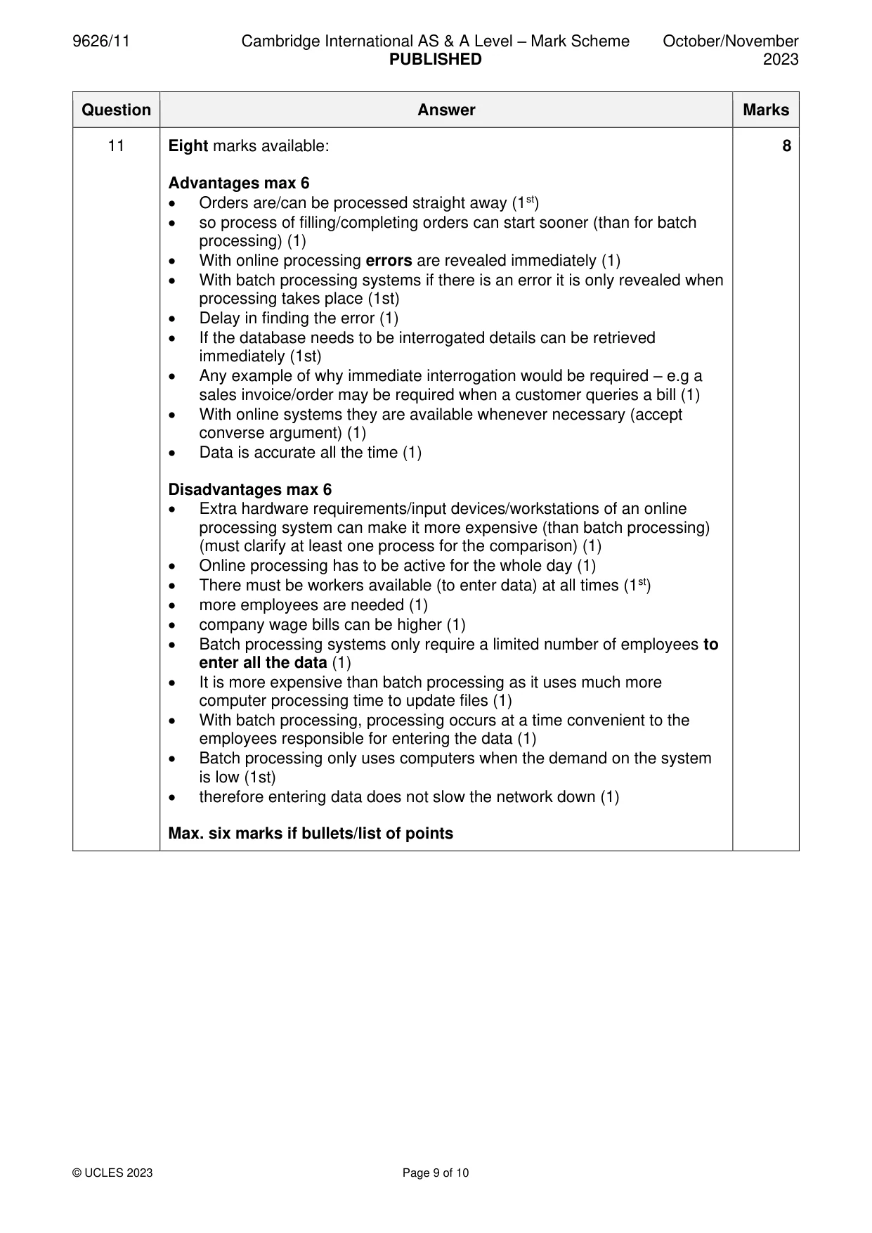 Mark scheme, page 9 of 10