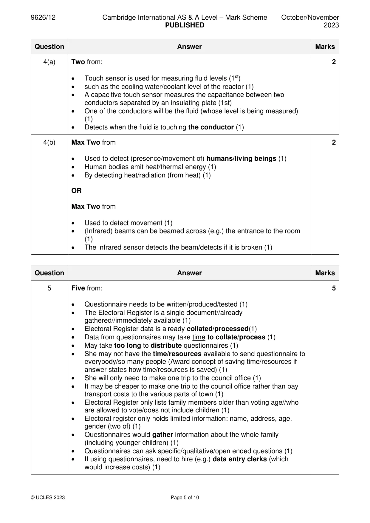 Mark scheme, page 5 of 10