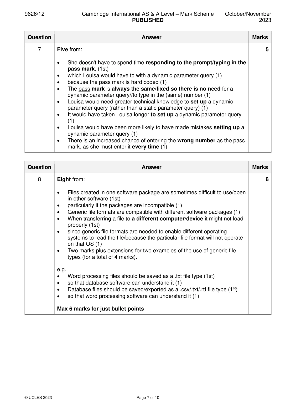 Mark scheme, page 7 of 10