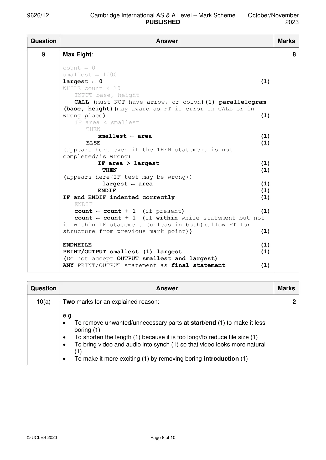 Mark scheme, page 8 of 10
