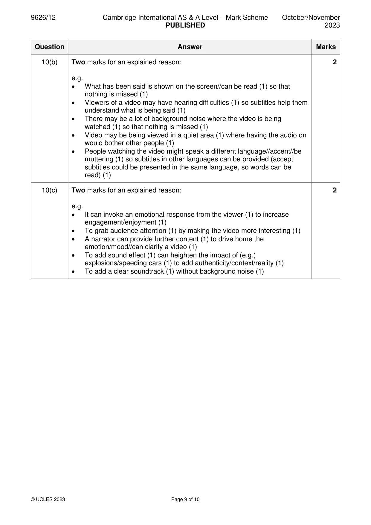 Mark scheme, page 9 of 10
