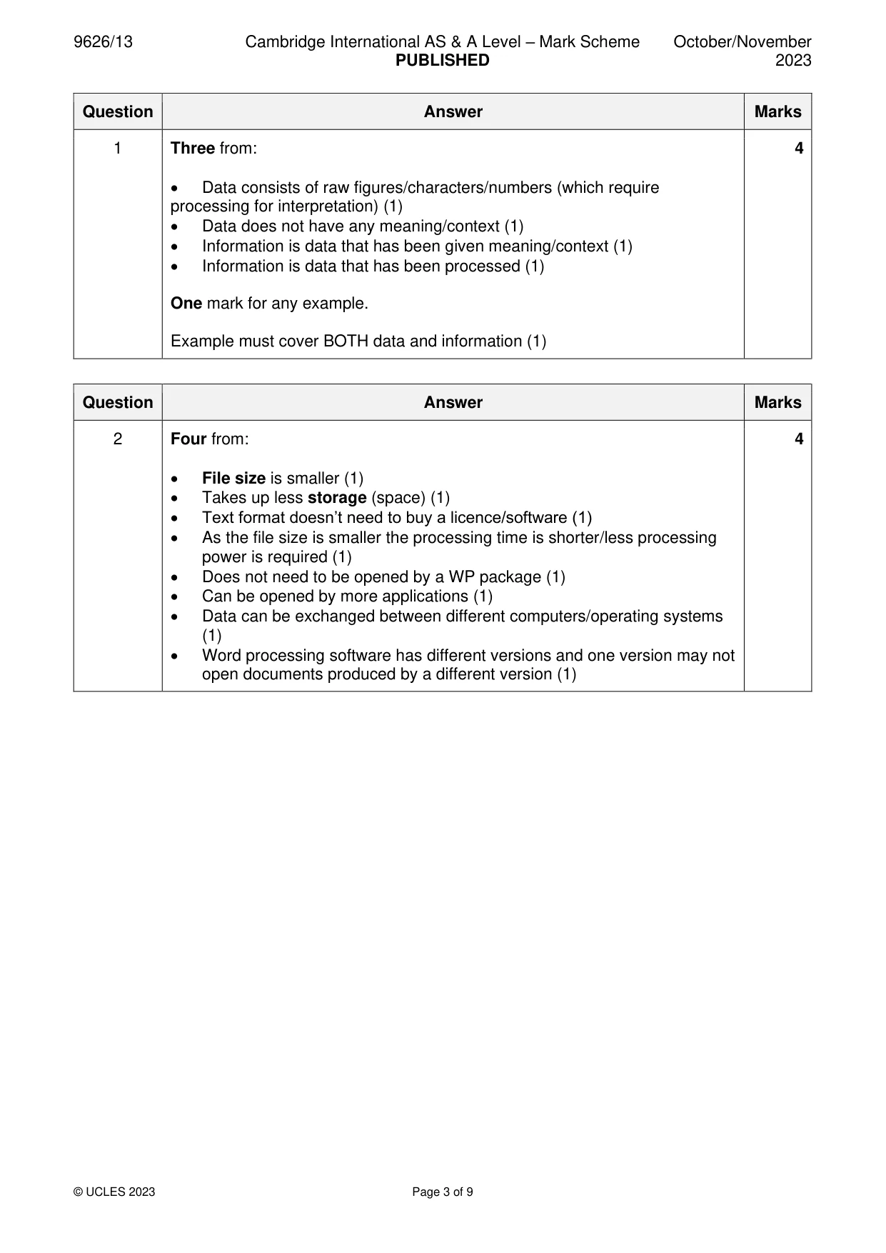 Mark scheme, page 3 of 9
