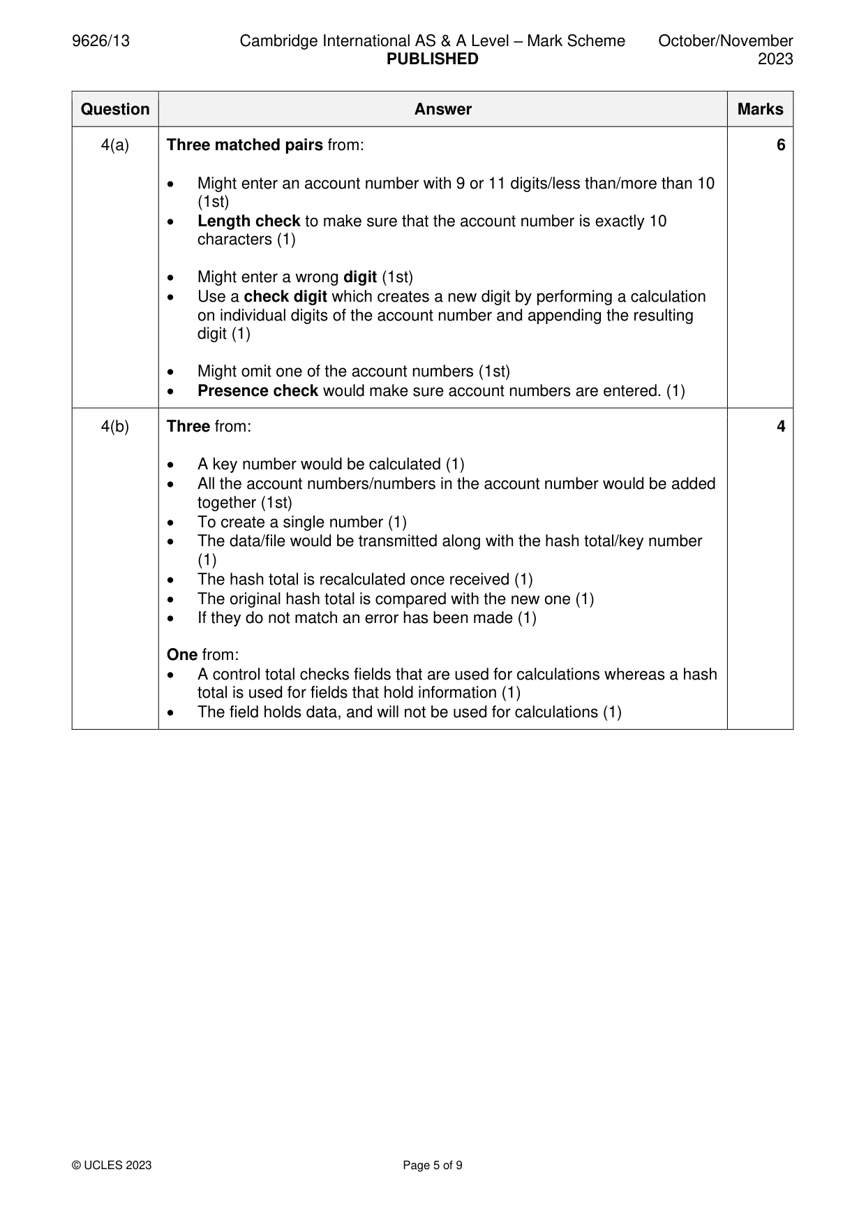 Mark scheme, page 5 of 9