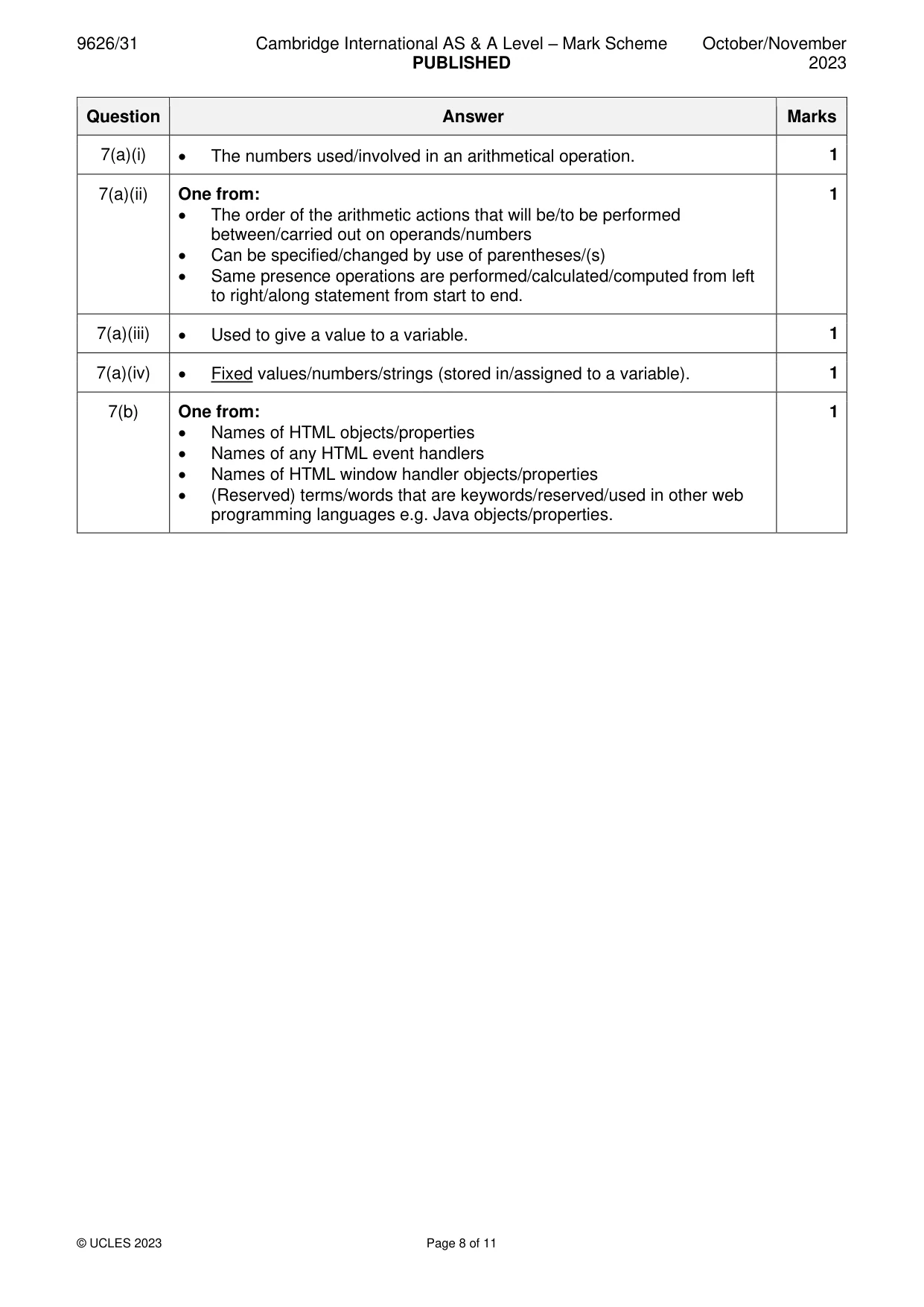 Mark scheme, page 8 of 11
