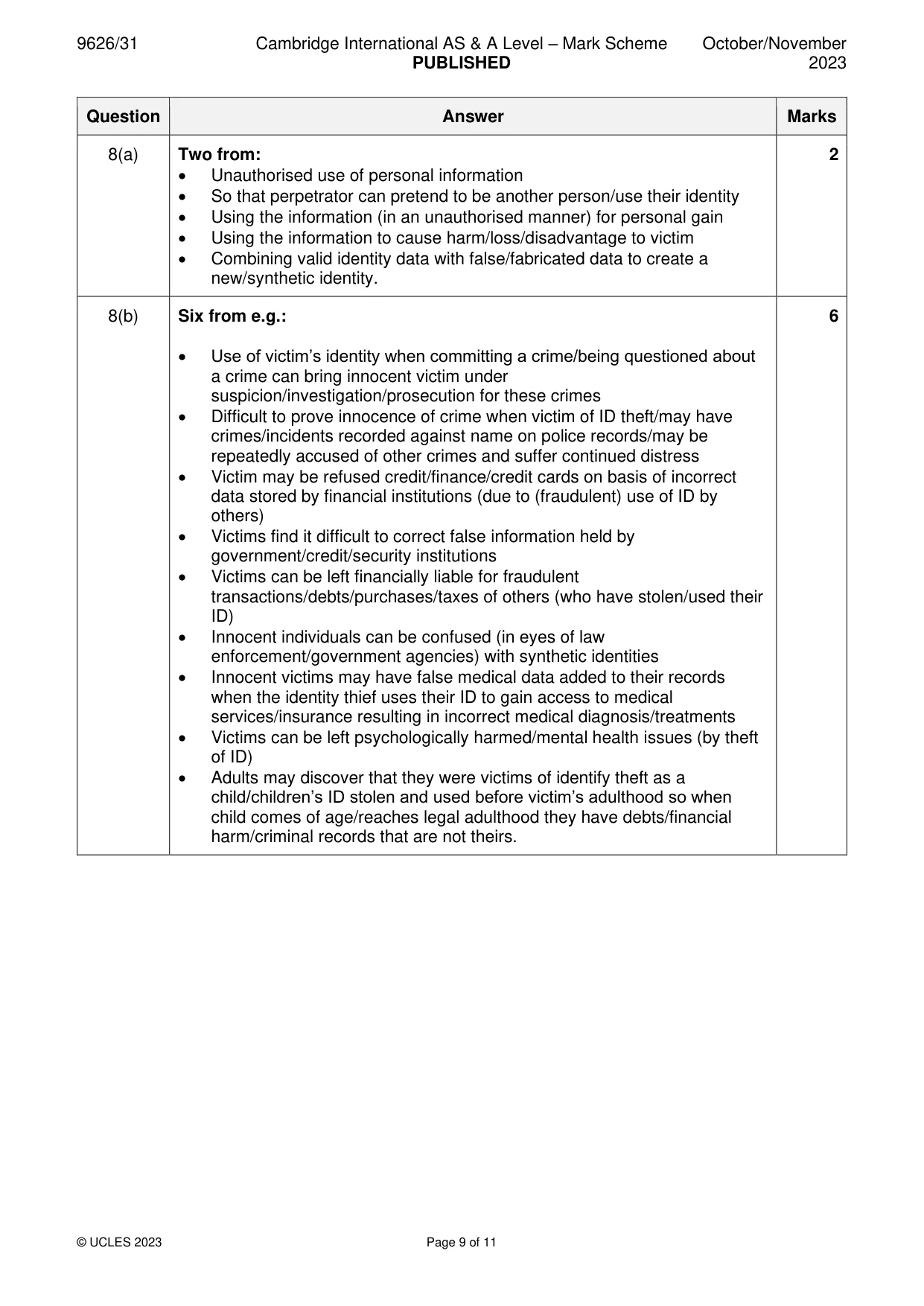 Mark scheme, page 9 of 11