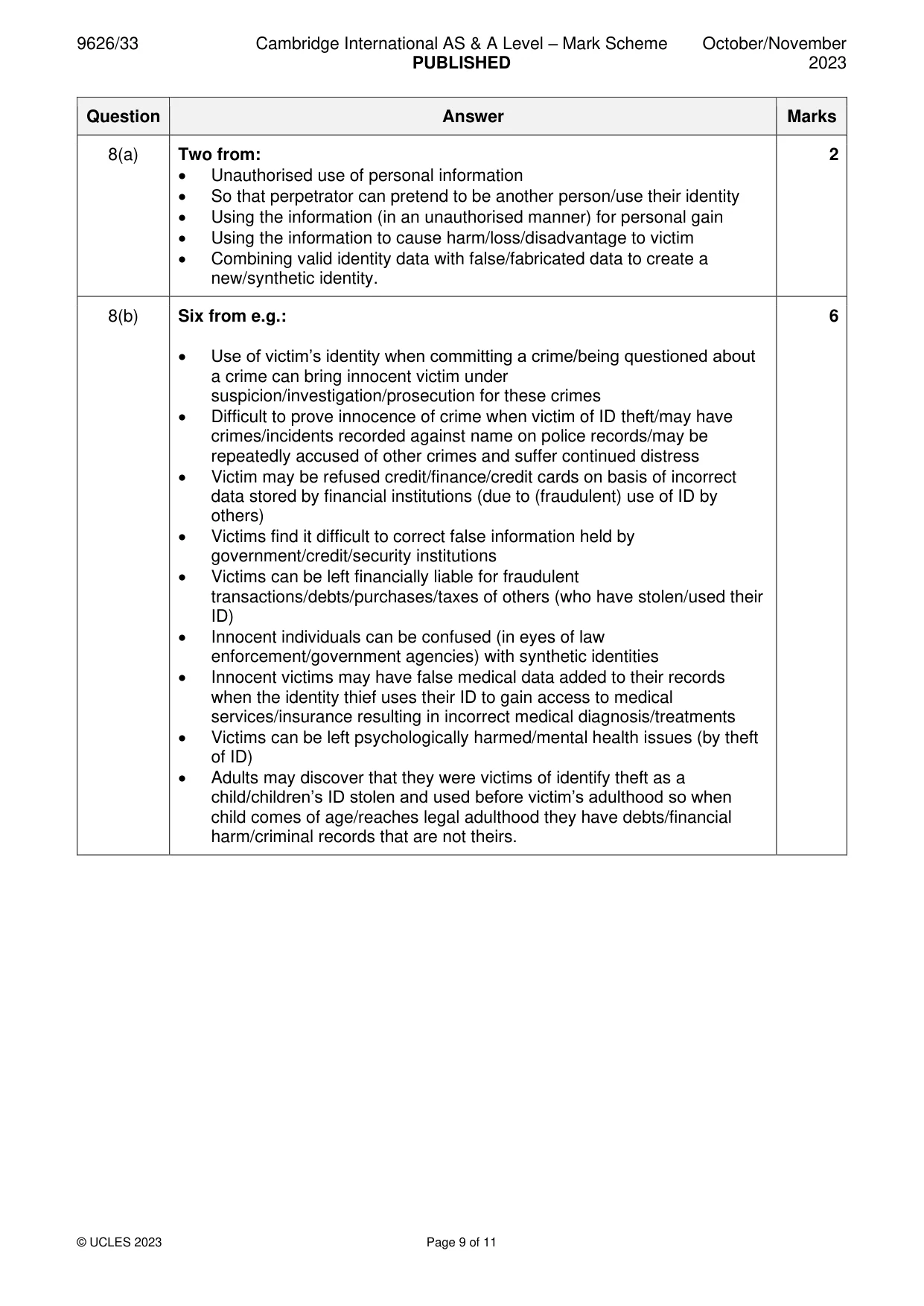 Mark scheme, page 9 of 11