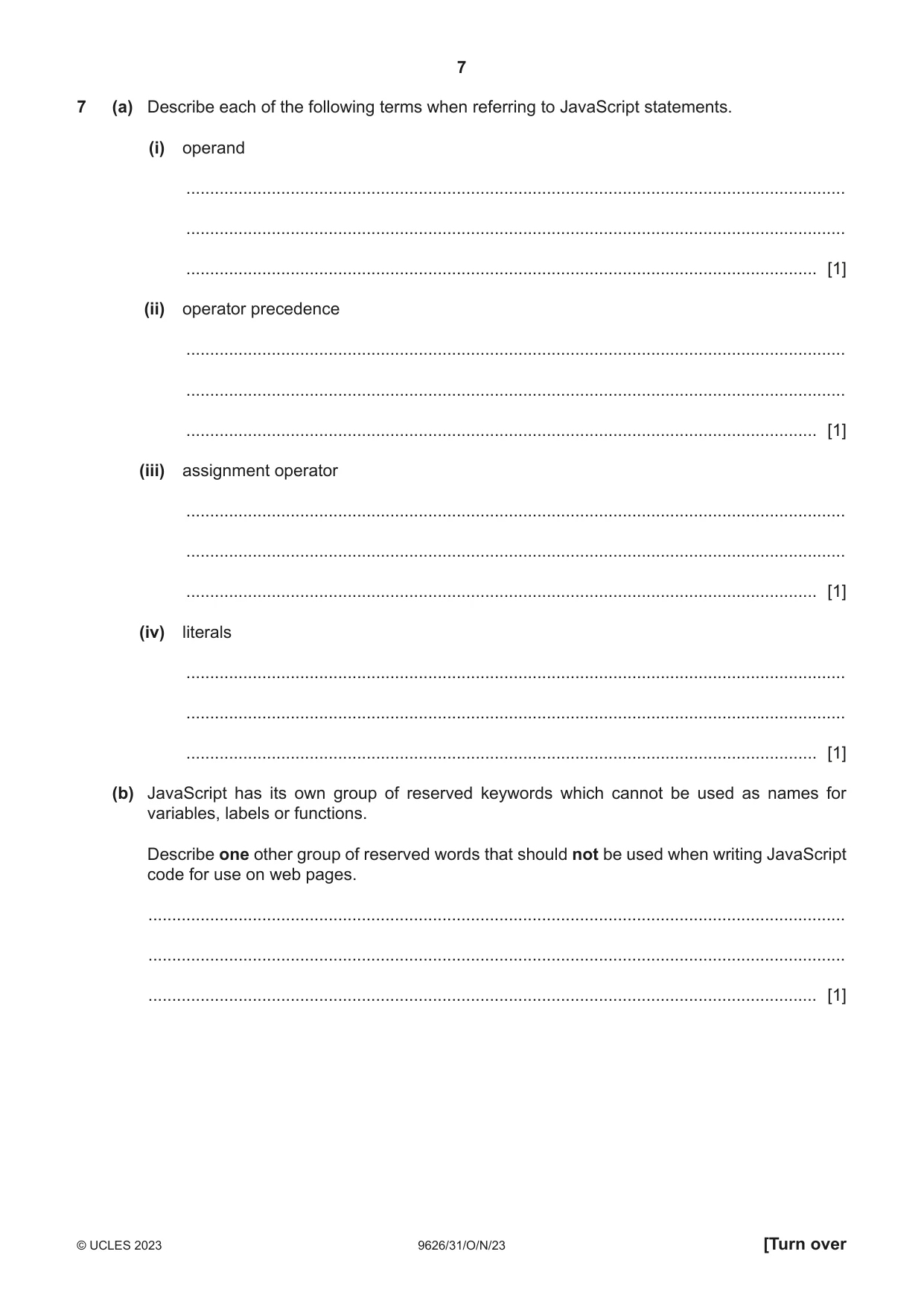 Cambridge A Level Information Technology (from 2017) 9626 2023 Oct/Nov Paper 3 · Variant 1 question paper, page 7 of 12