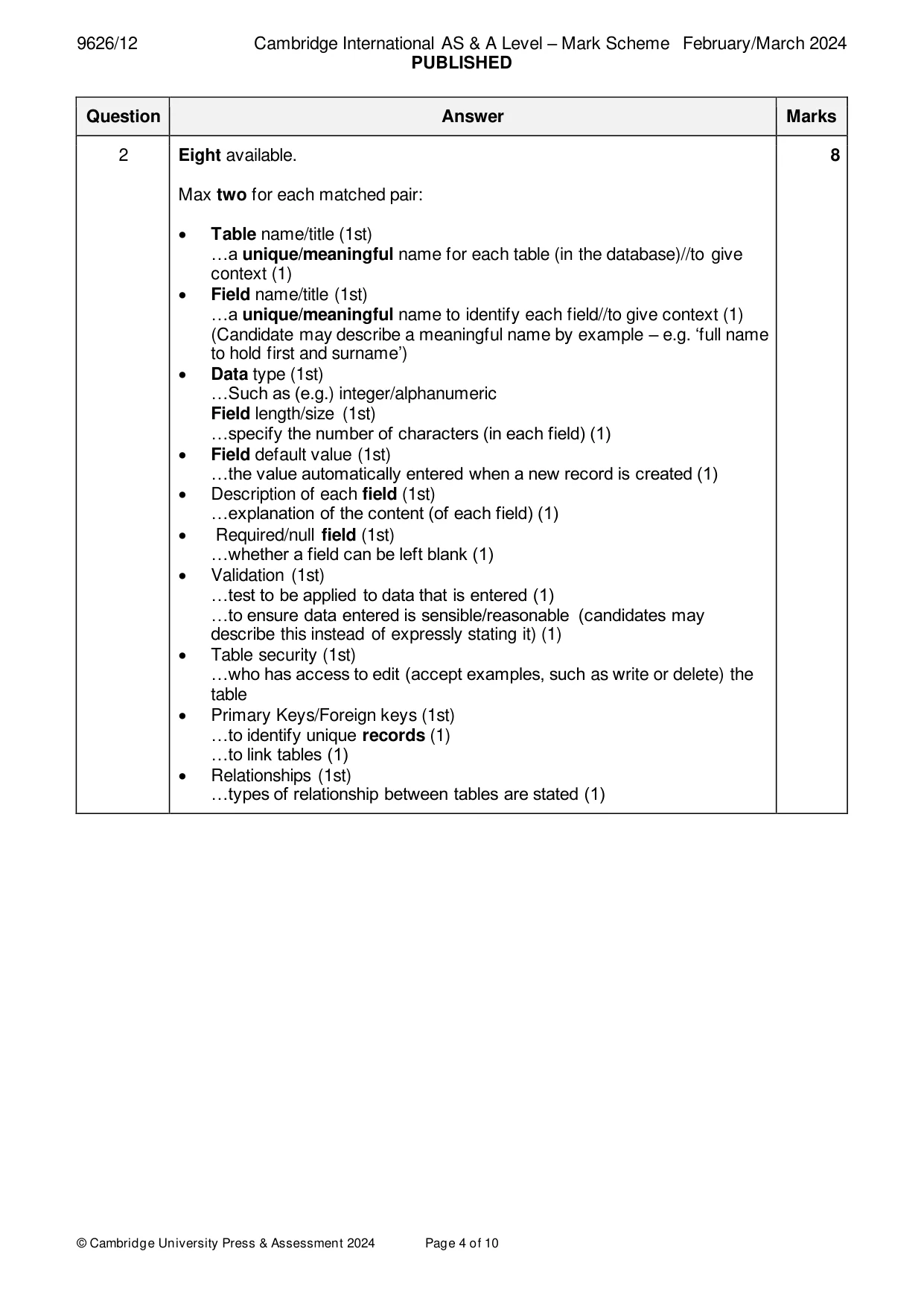 Mark scheme, page 4 of 10