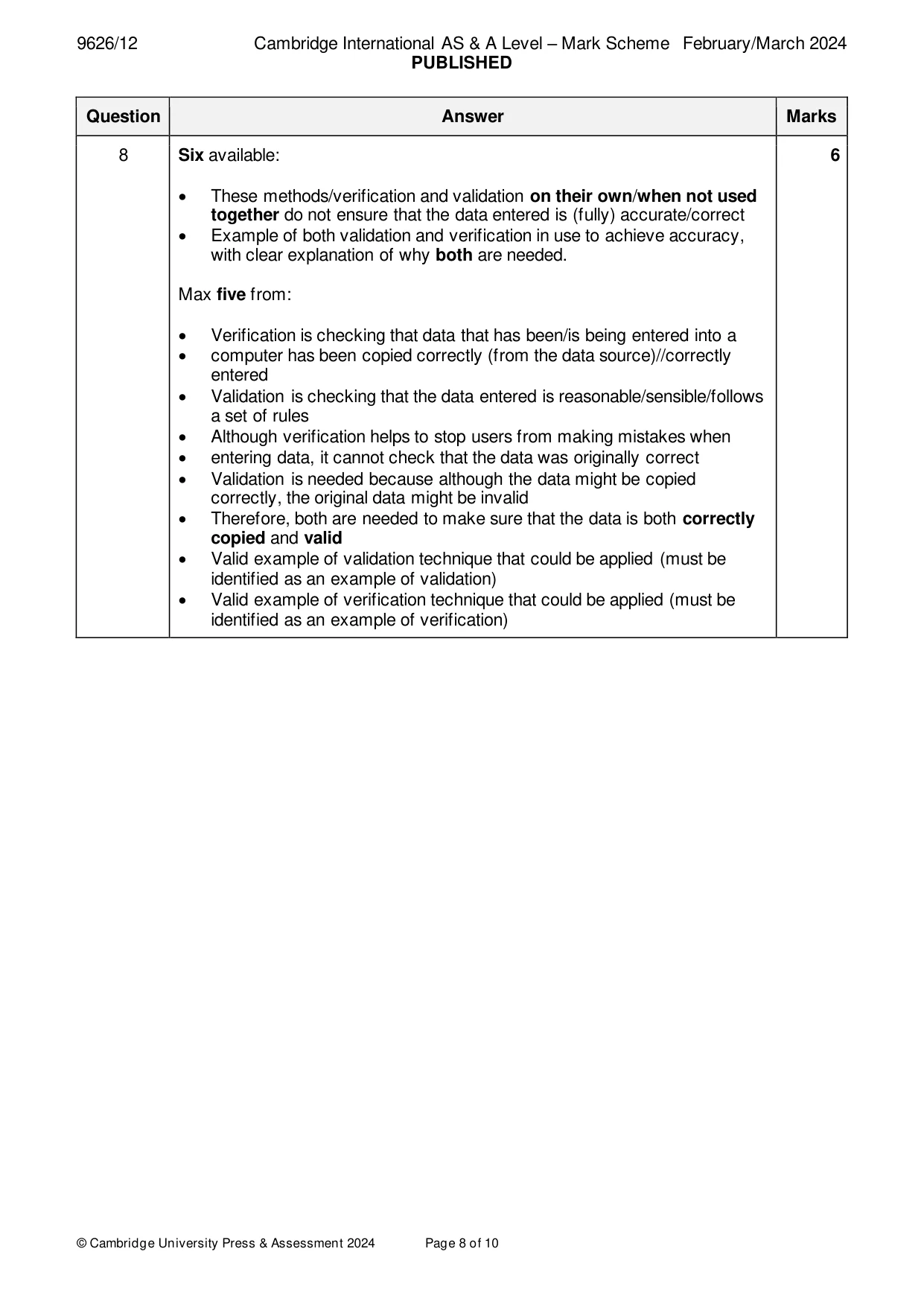 Mark scheme, page 8 of 10