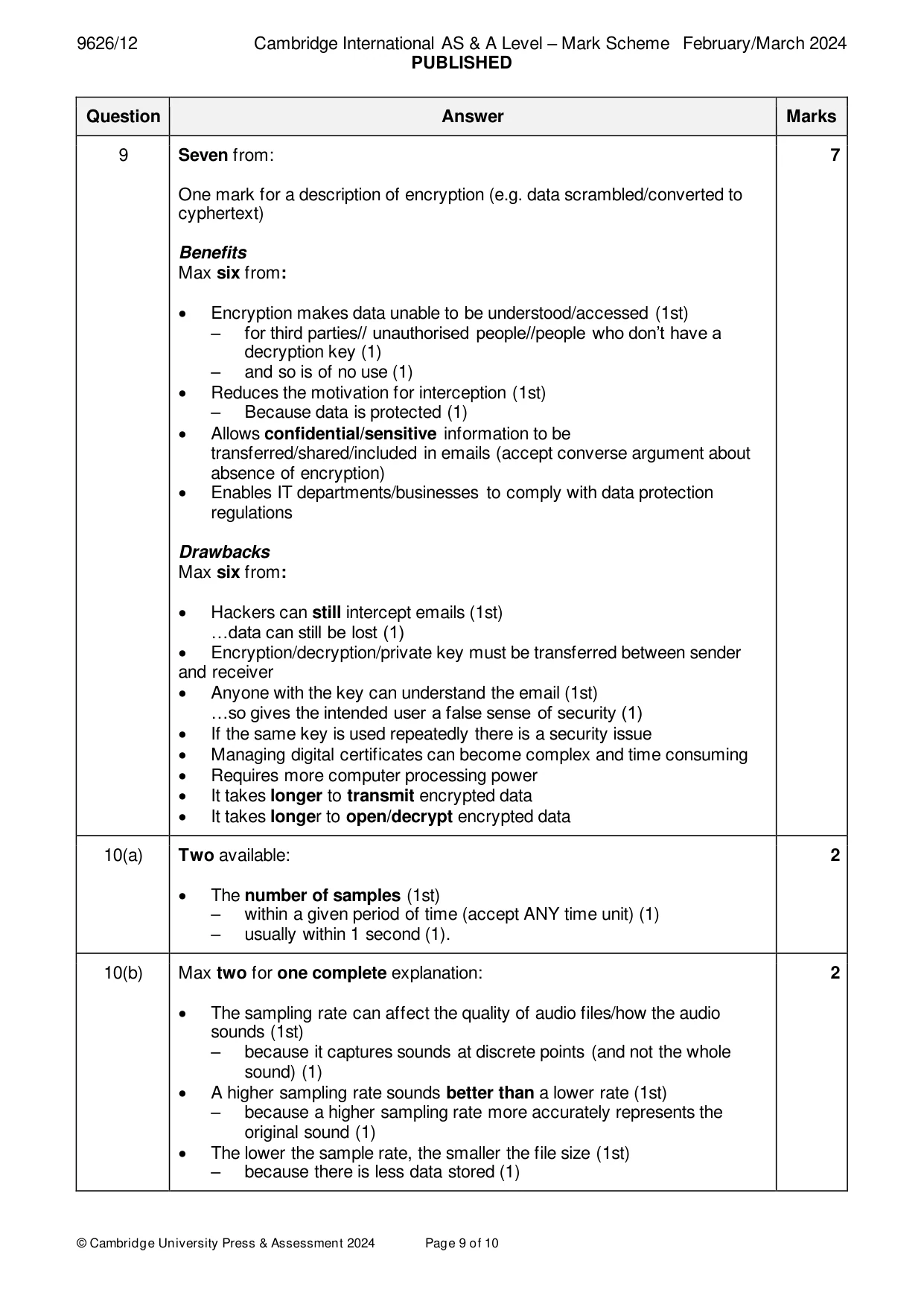 Mark scheme, page 9 of 10