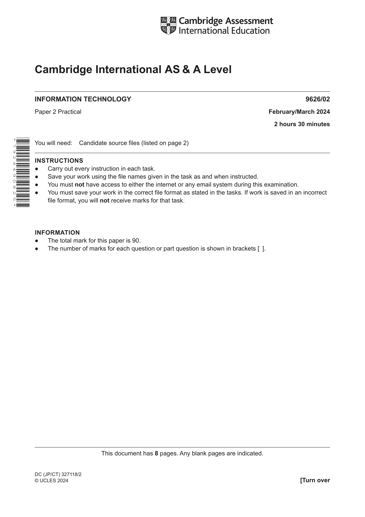Cambridge A Level Information Technology (from 2017) 9626 2024 Feb/March Paper 2 · Variant 0 question paper, page 1 of 8