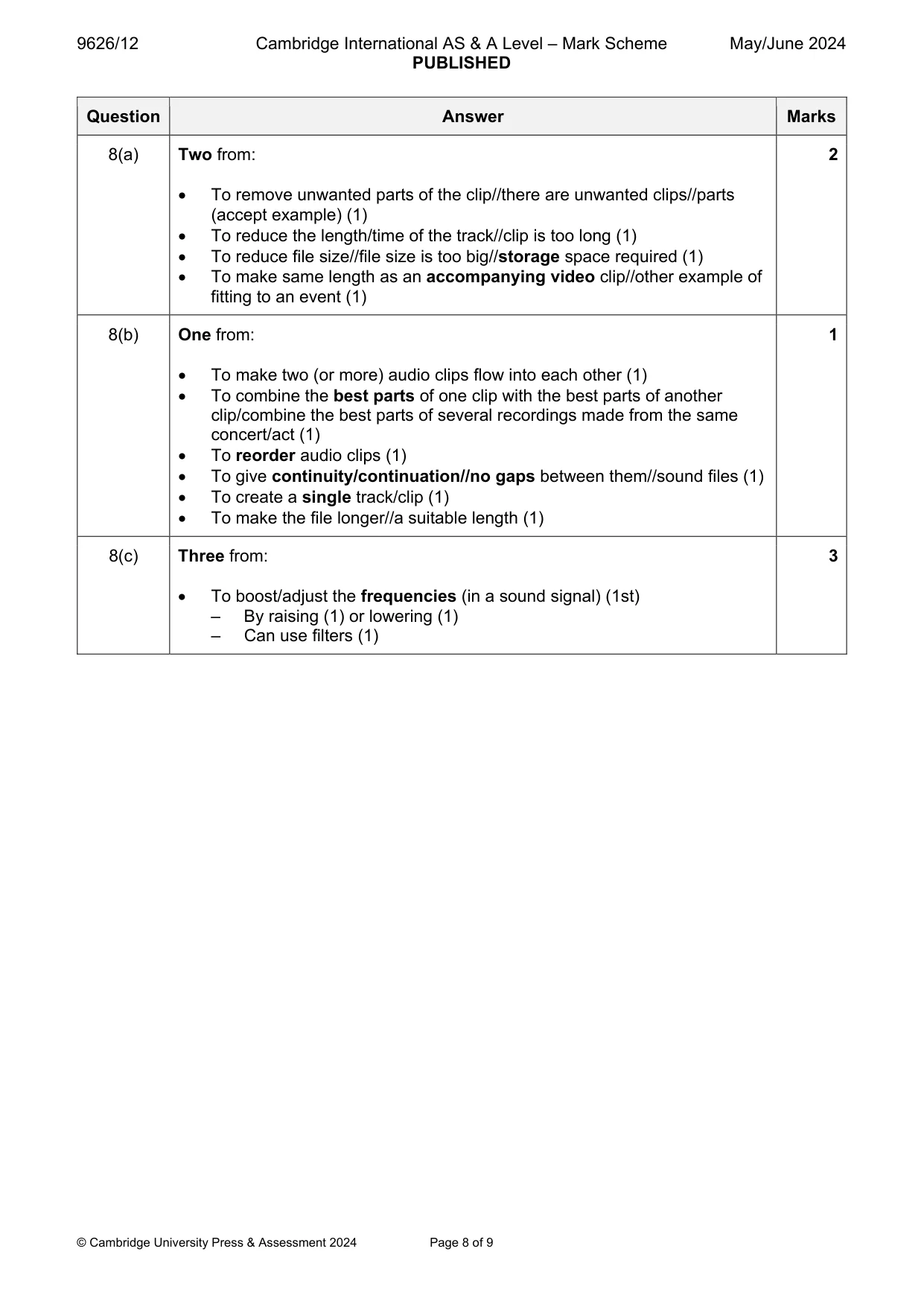 Mark scheme, page 8 of 9