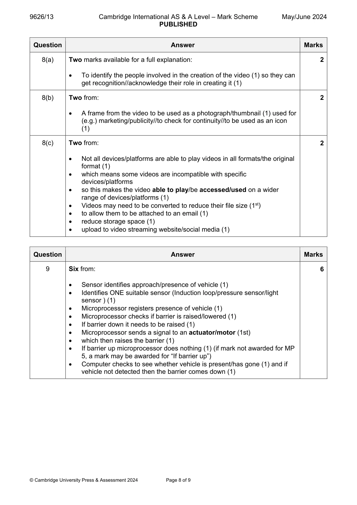 Mark scheme, page 8 of 9