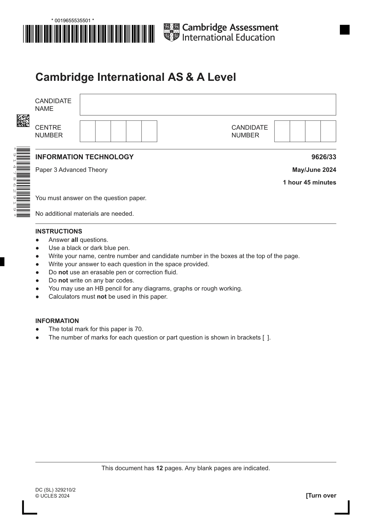 Cambridge A Level Information Technology (from 2017) 9626 2024 May/June Paper 3 · Variant 3 question paper, page 1 of 12