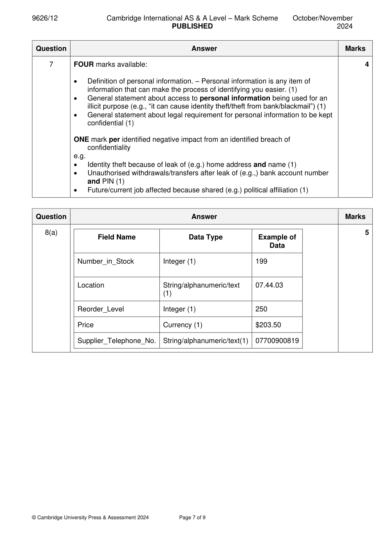 Mark scheme, page 7 of 9