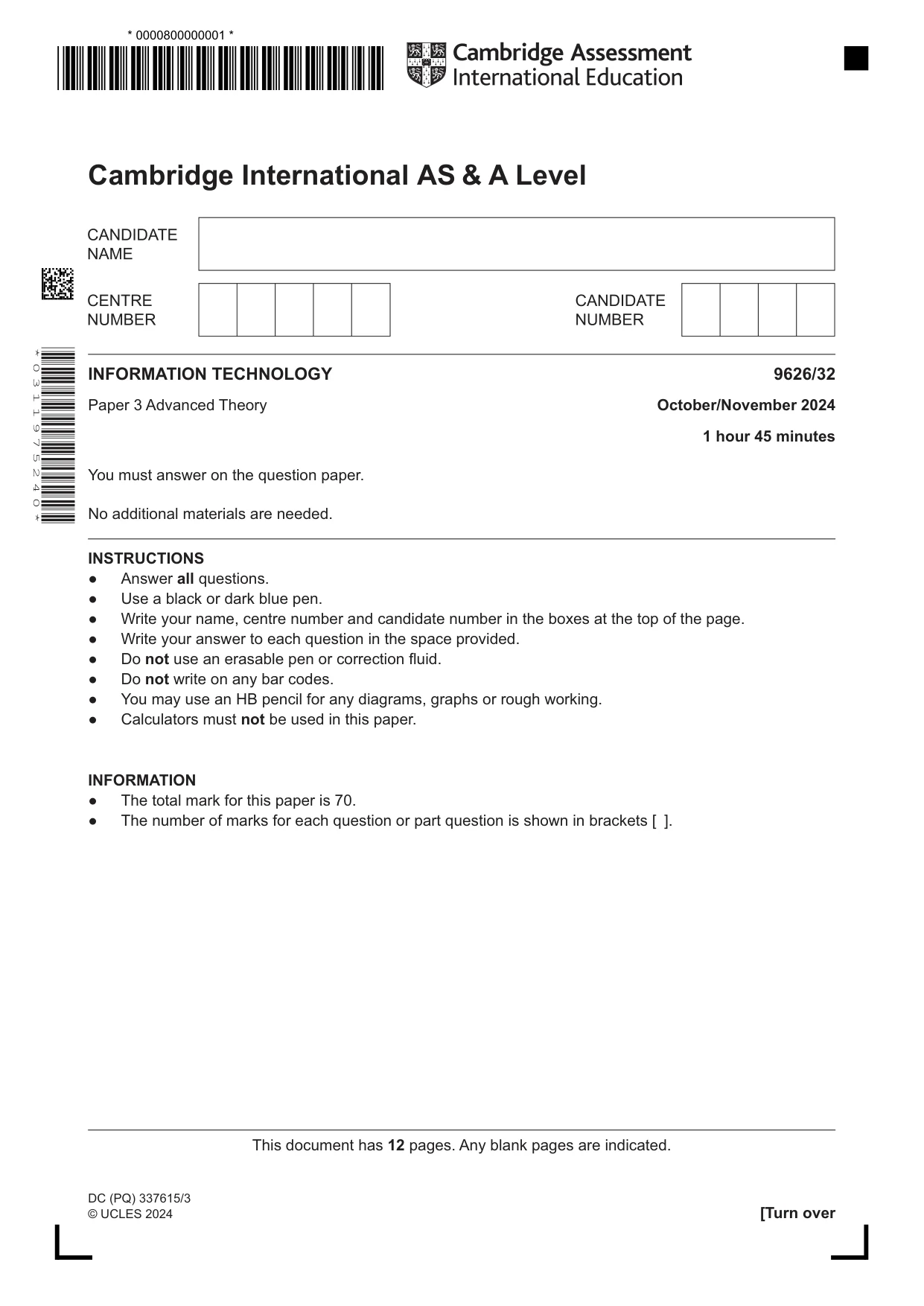 Cambridge A Level Information Technology (from 2017) 9626 2024 Oct/Nov Paper 3 · Variant 2 question paper, page 1 of 12