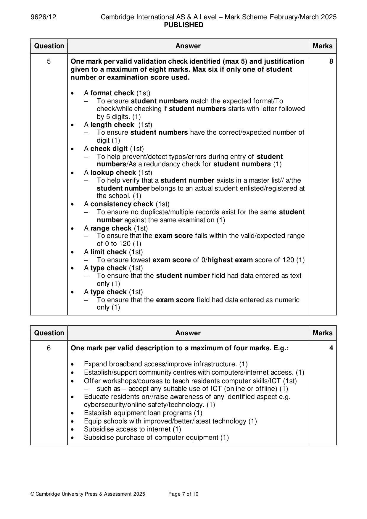 Mark scheme, page 7 of 10