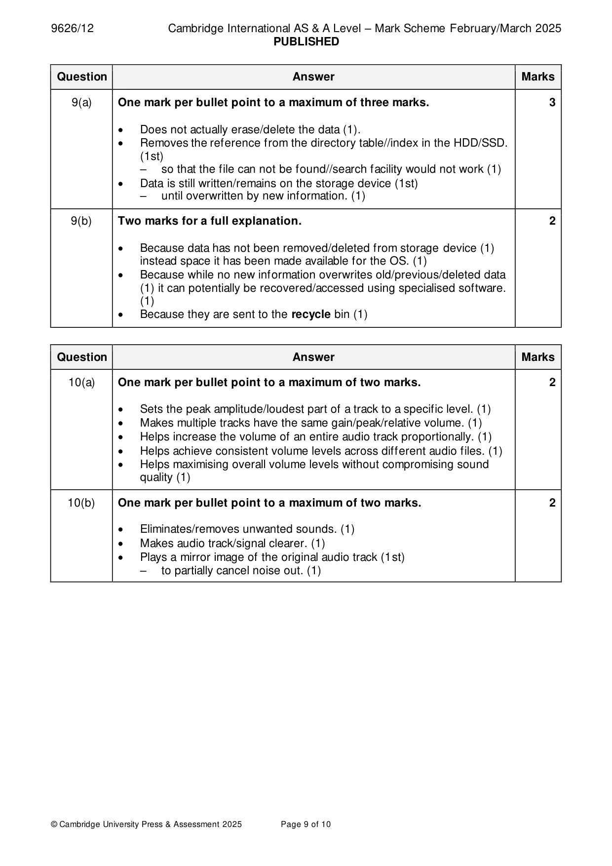 Mark scheme, page 9 of 10