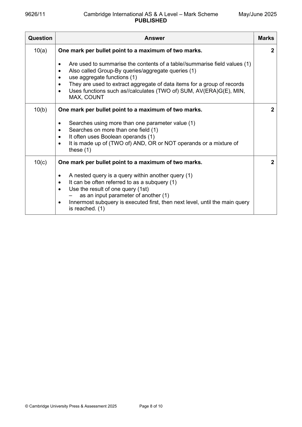 Mark scheme, page 8 of 10