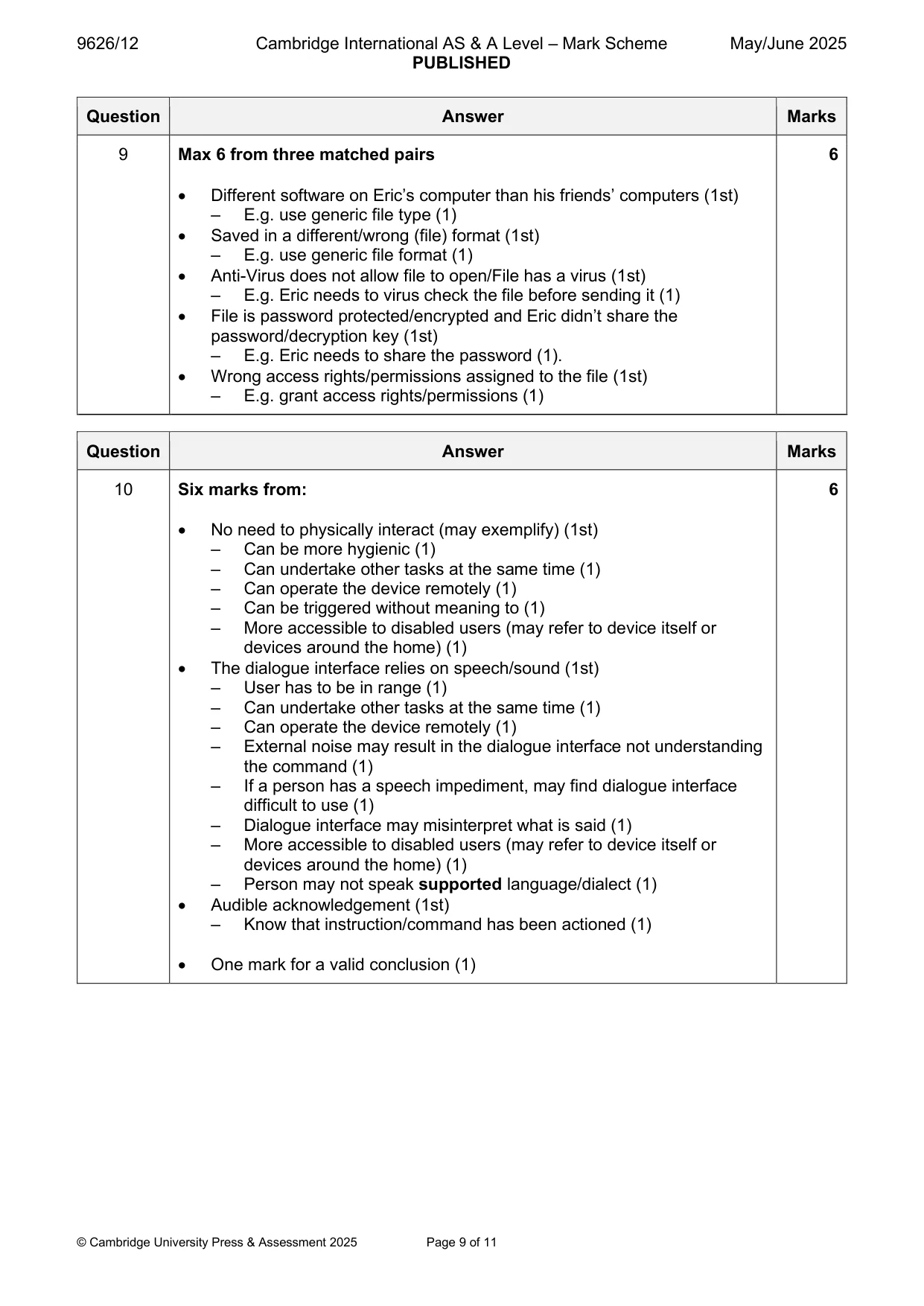 Mark scheme, page 9 of 11