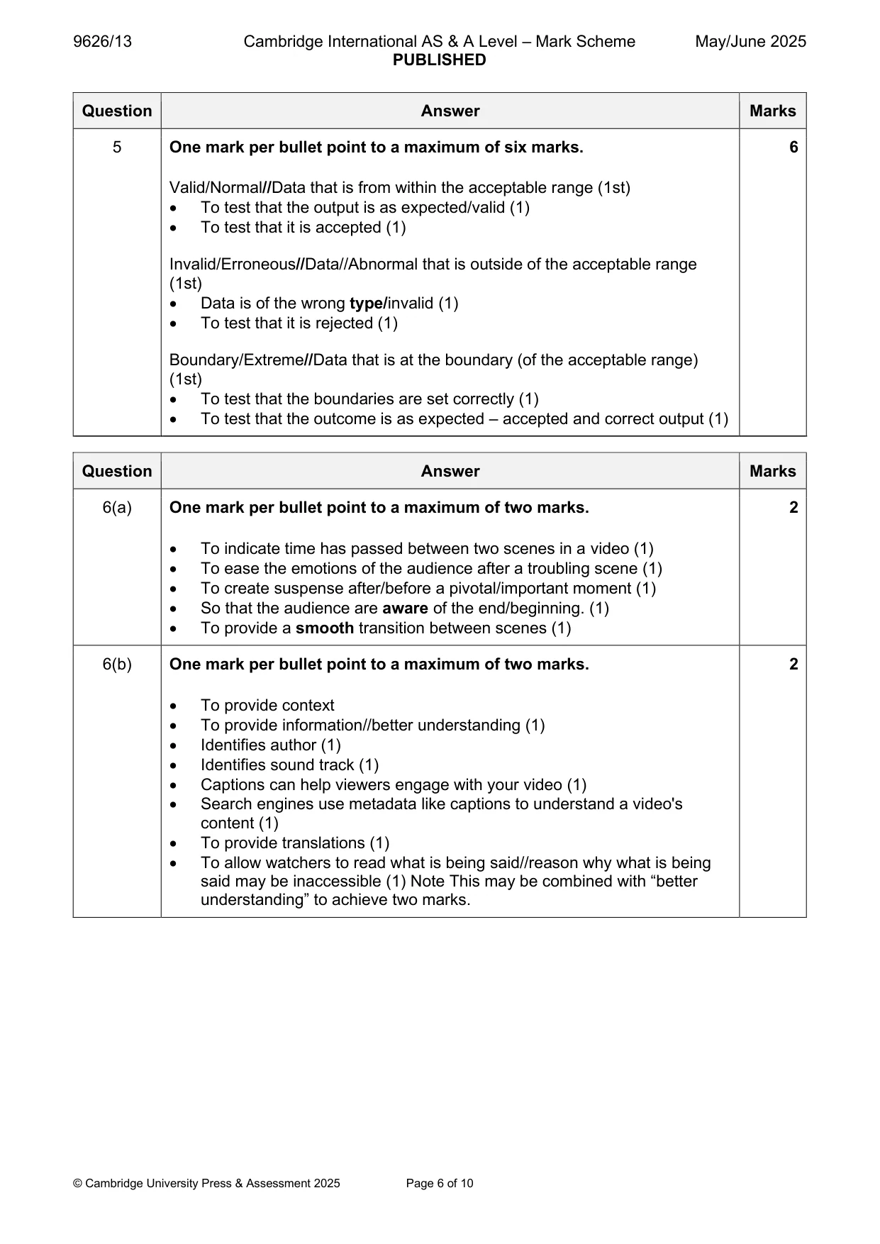 Mark scheme, page 6 of 10