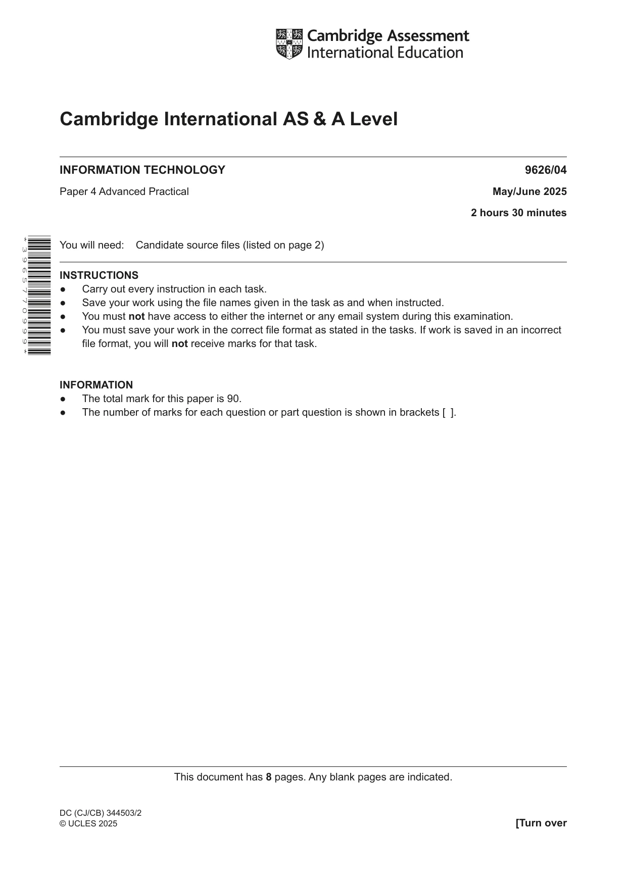 Cambridge A Level Information Technology (from 2017) 9626 2025 May/June Paper 4 · Variant 0 question paper, page 1 of 8