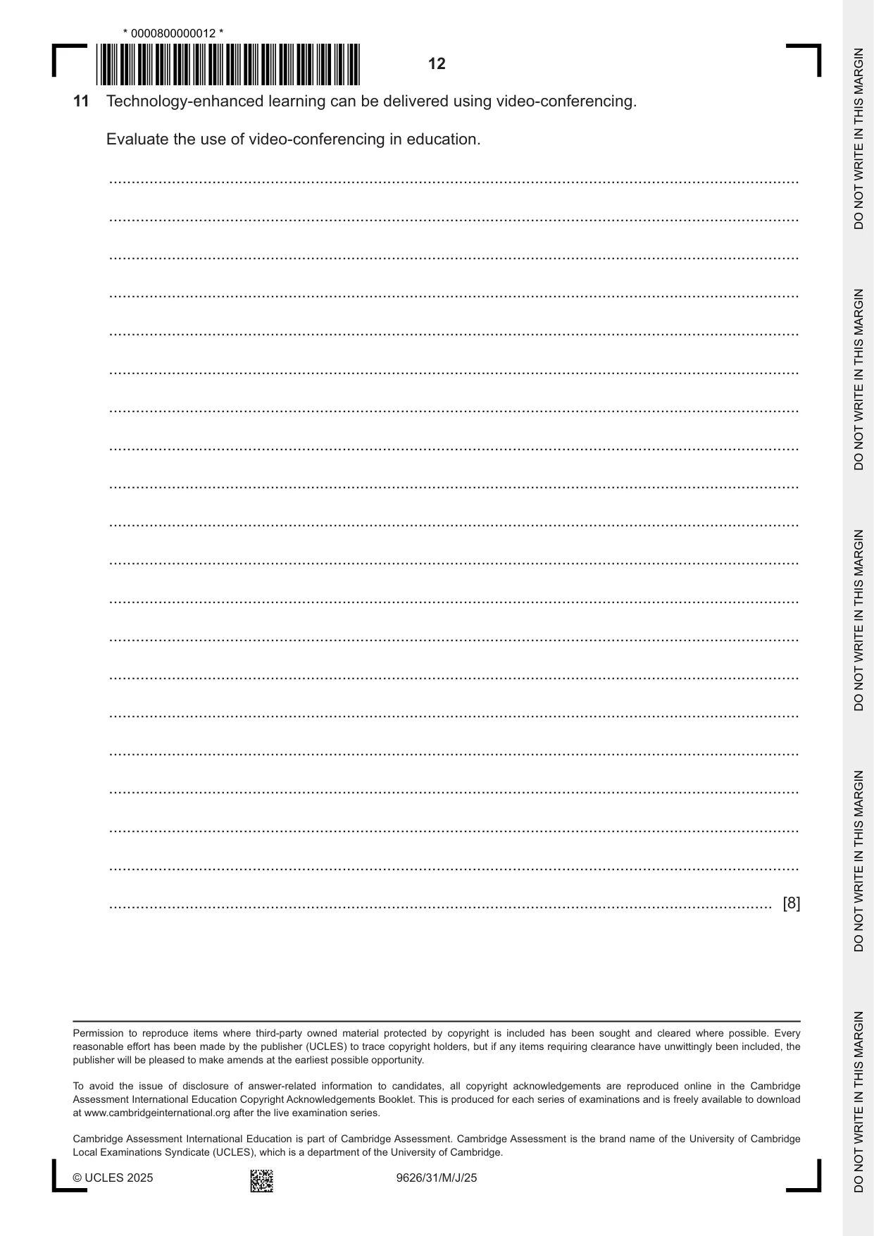 Cambridge A Level Information Technology (from 2017) 9626 2025 May/June Paper 3 · Variant 1 question paper, page 12 of 12