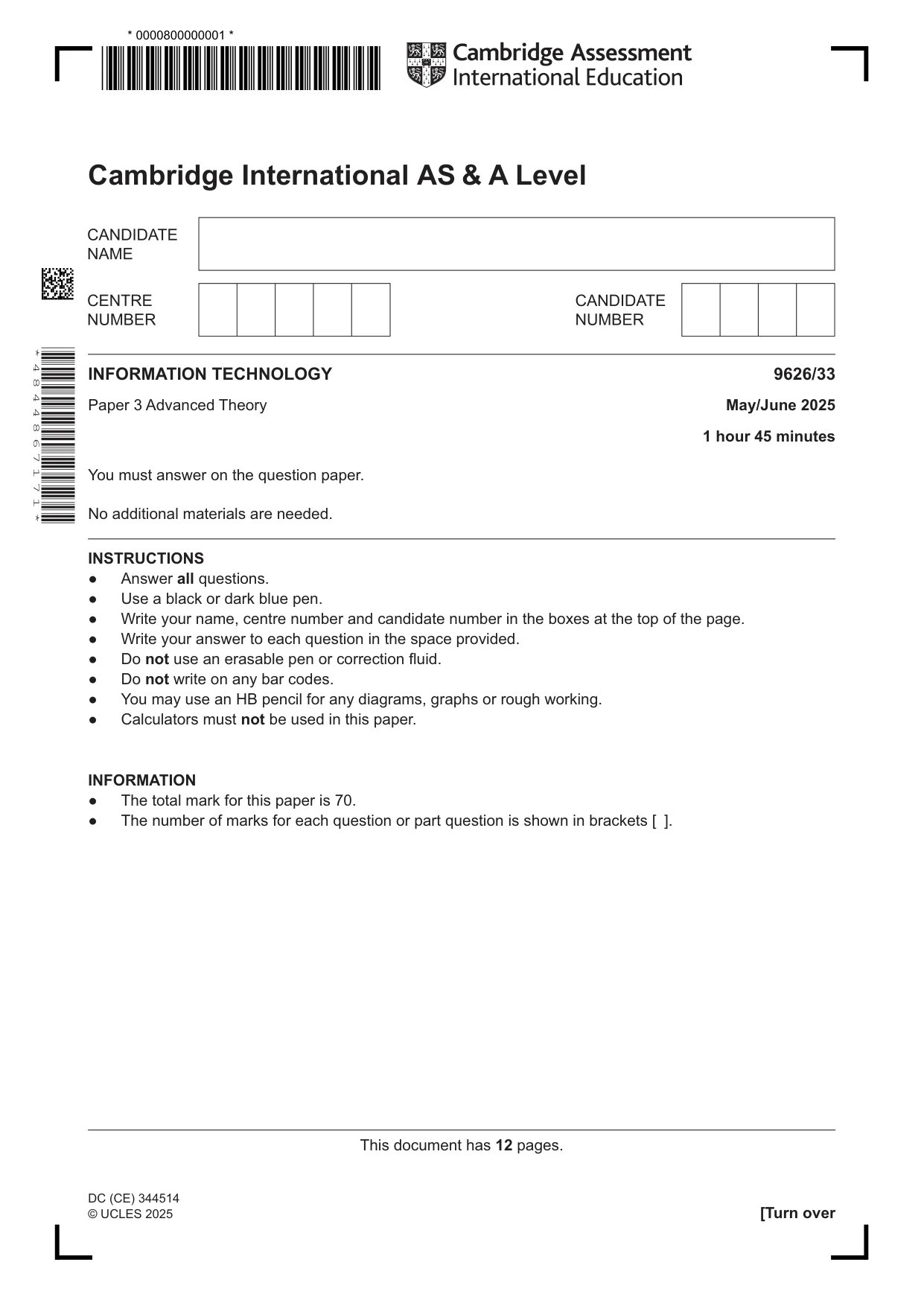 Cambridge A Level Information Technology (from 2017) 9626 2025 May/June Paper 3 · Variant 3 question paper, page 1 of 12