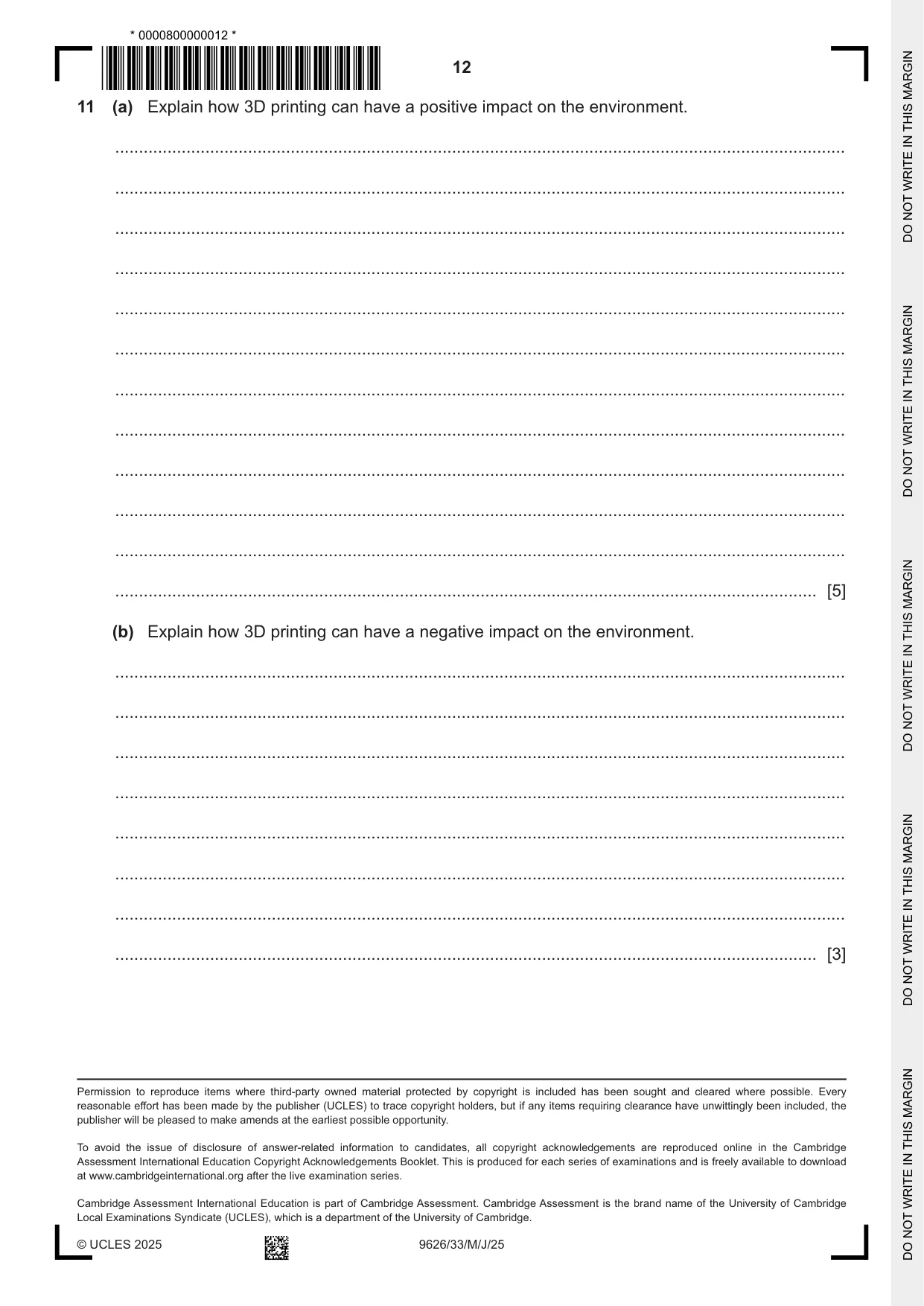 Cambridge A Level Information Technology (from 2017) 9626 2025 May/June Paper 3 · Variant 3 question paper, page 12 of 12