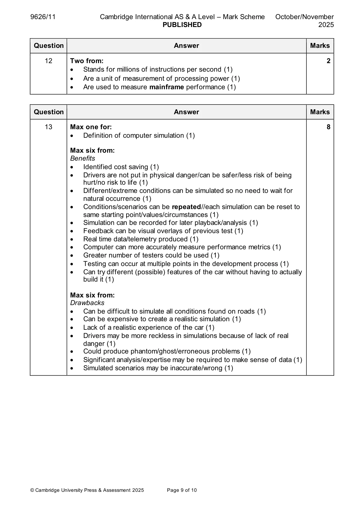 Mark scheme, page 9 of 10