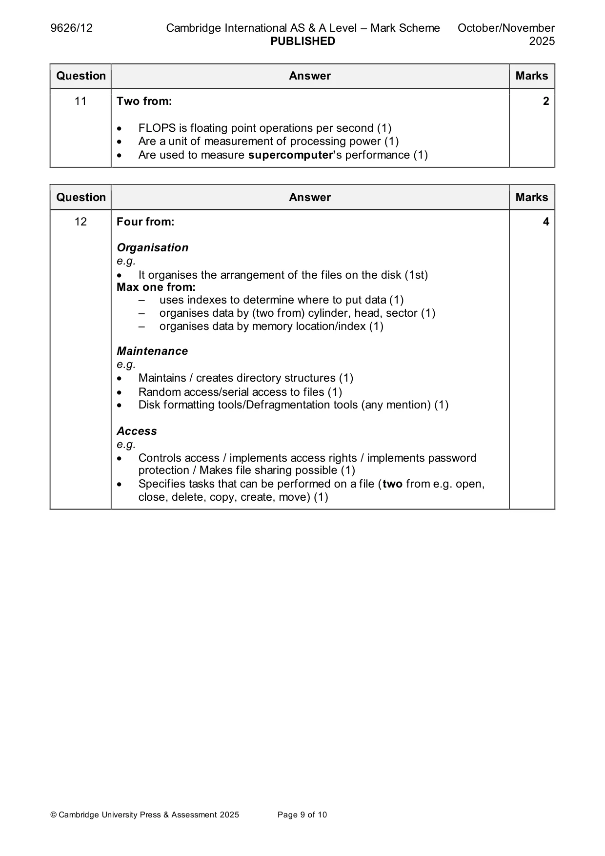 Mark scheme, page 9 of 10