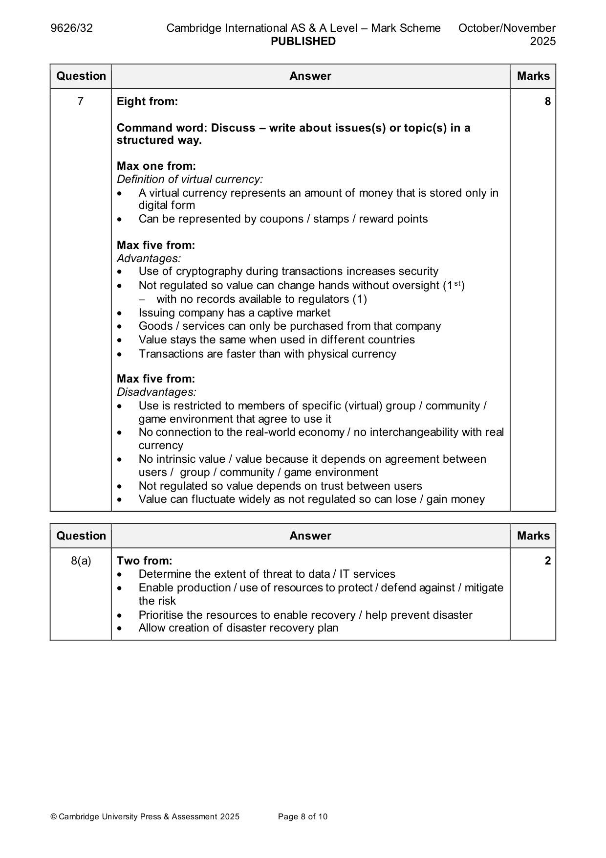 Mark scheme, page 8 of 10