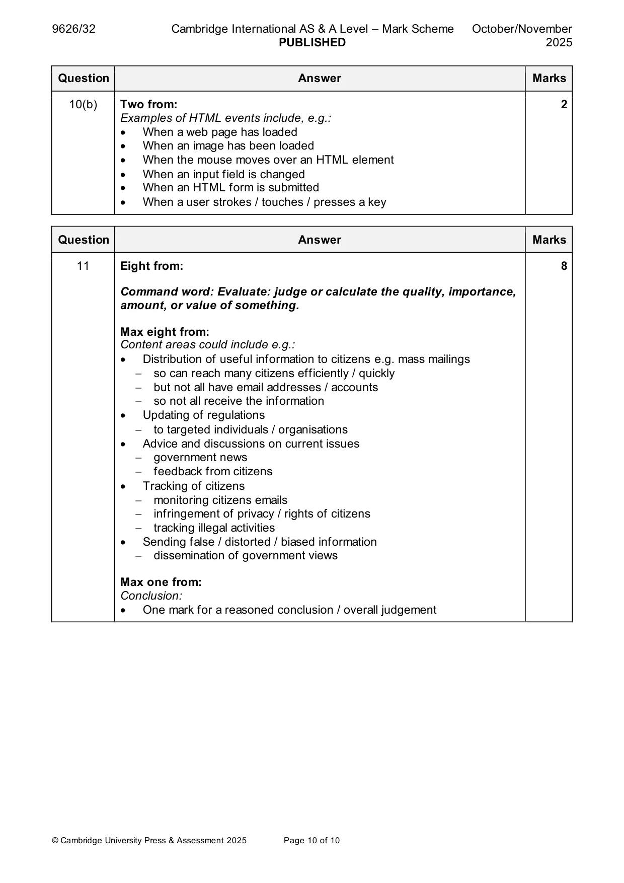 Mark scheme, page 10 of 10