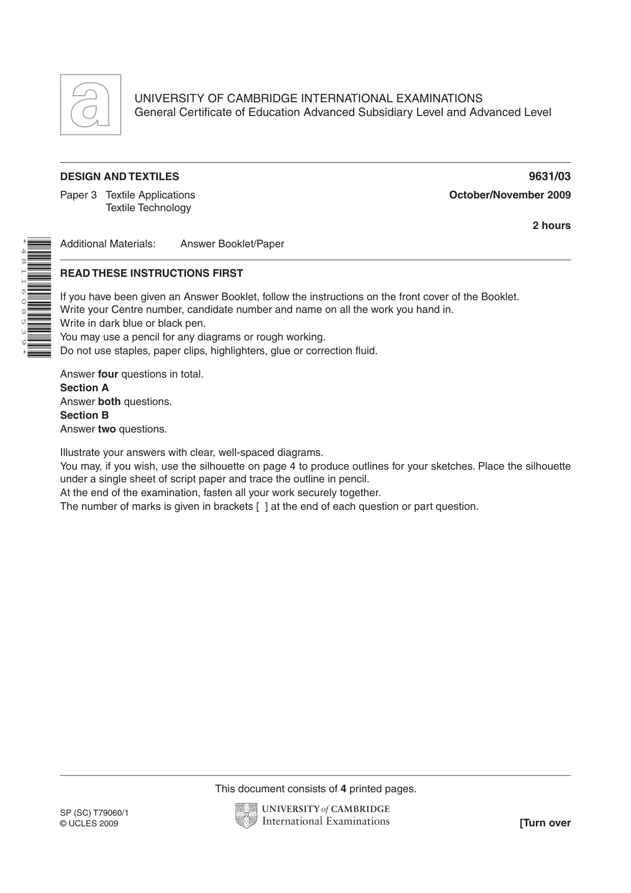 Cambridge A Level Design and Textiles 9631 2009 Oct/Nov Paper 3 · Variant 1 question paper, page 1 of 4