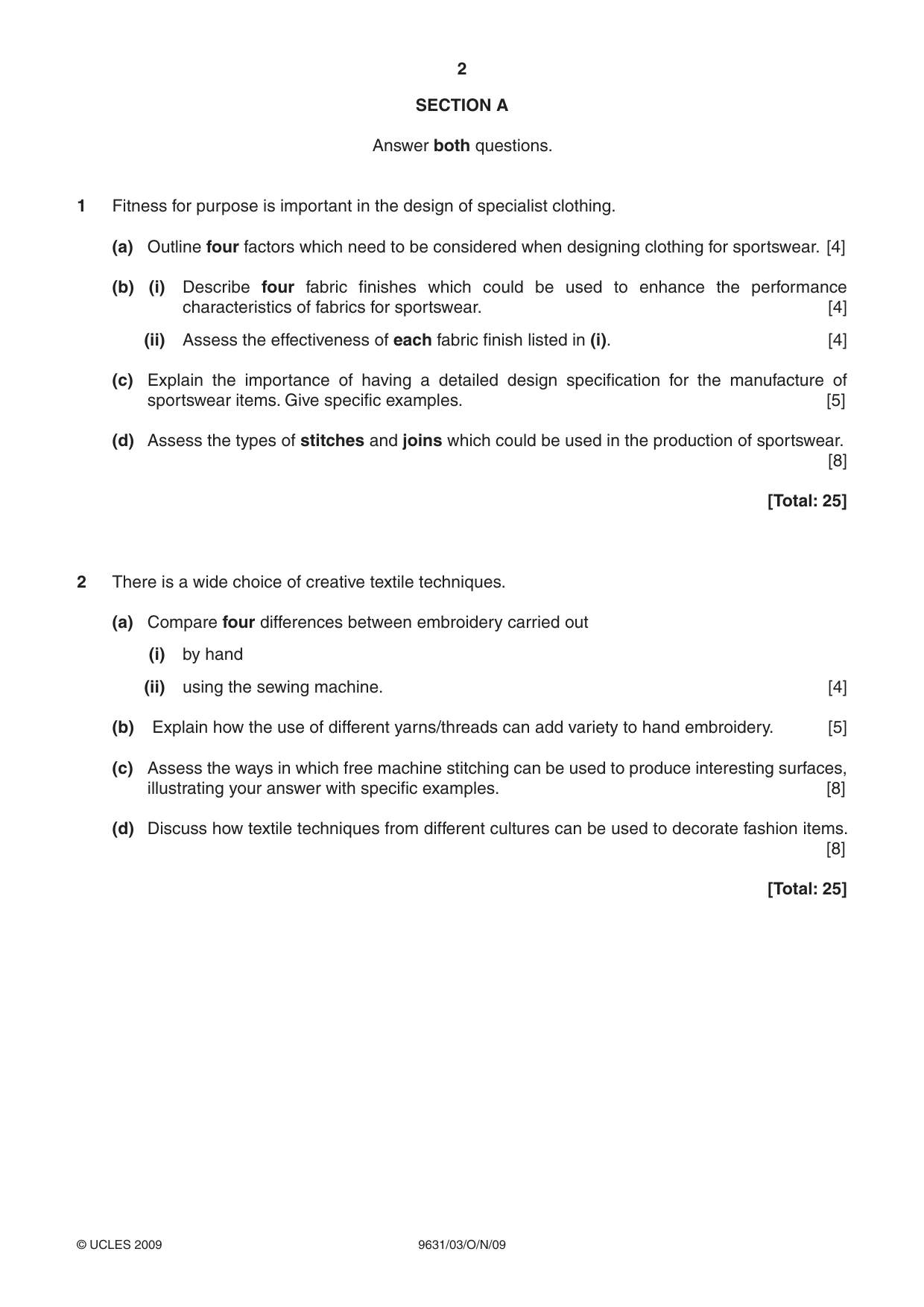 Cambridge A Level Design and Textiles 9631 2009 Oct/Nov Paper 3 · Variant 1 question paper, page 2 of 4