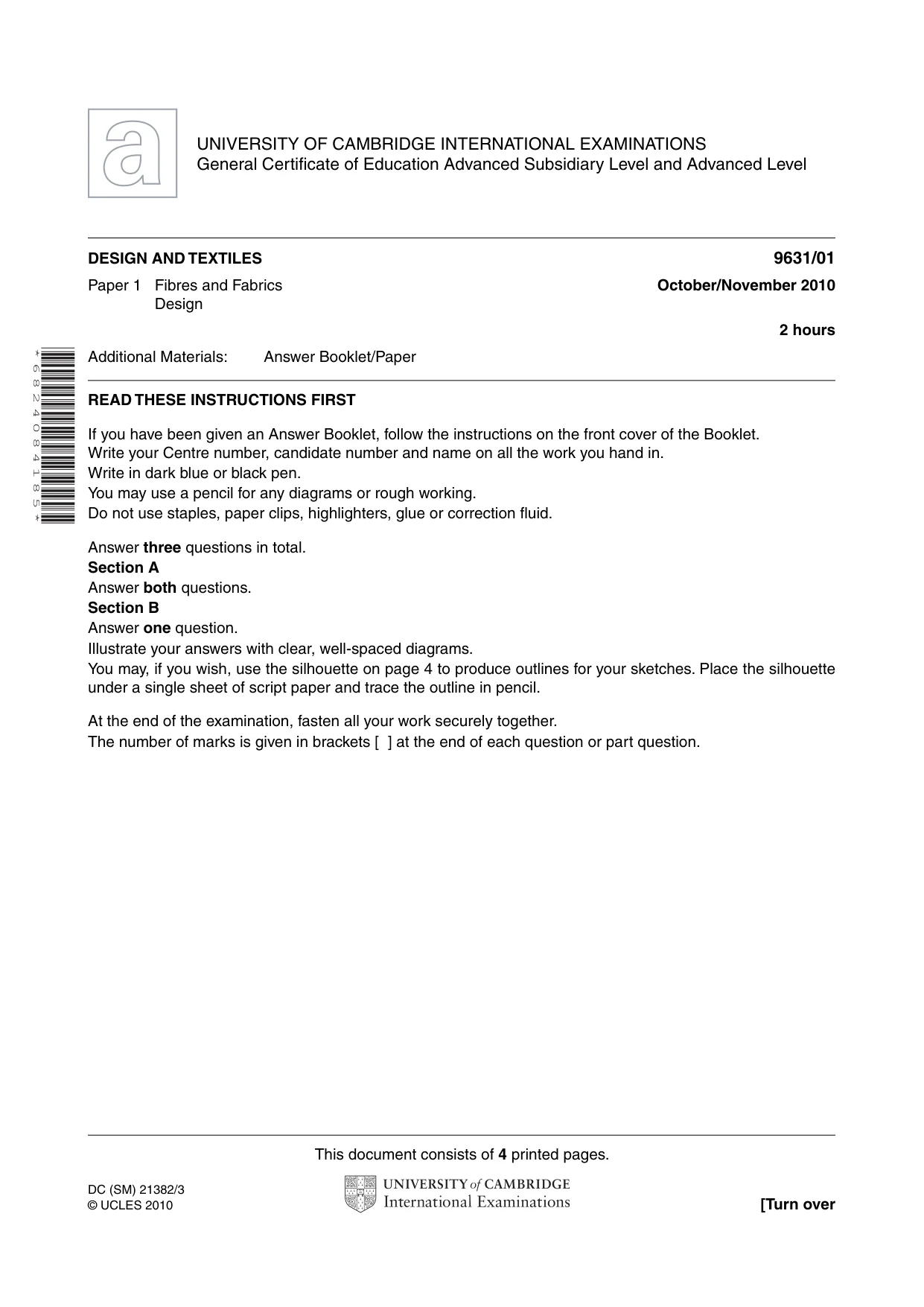 Cambridge A Level Design and Textiles 9631 2010 Oct/Nov Paper 1 · Variant 1 question paper, page 1 of 4