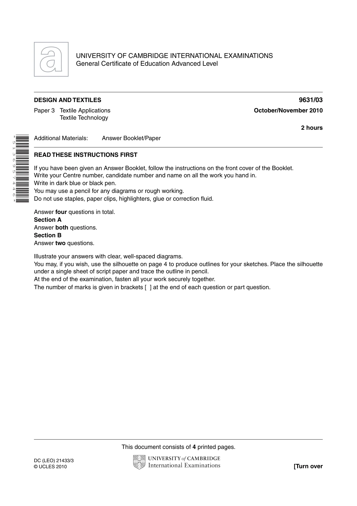 Cambridge A Level Design and Textiles 9631 2010 Oct/Nov Paper 3 · Variant 1 question paper, page 1 of 4