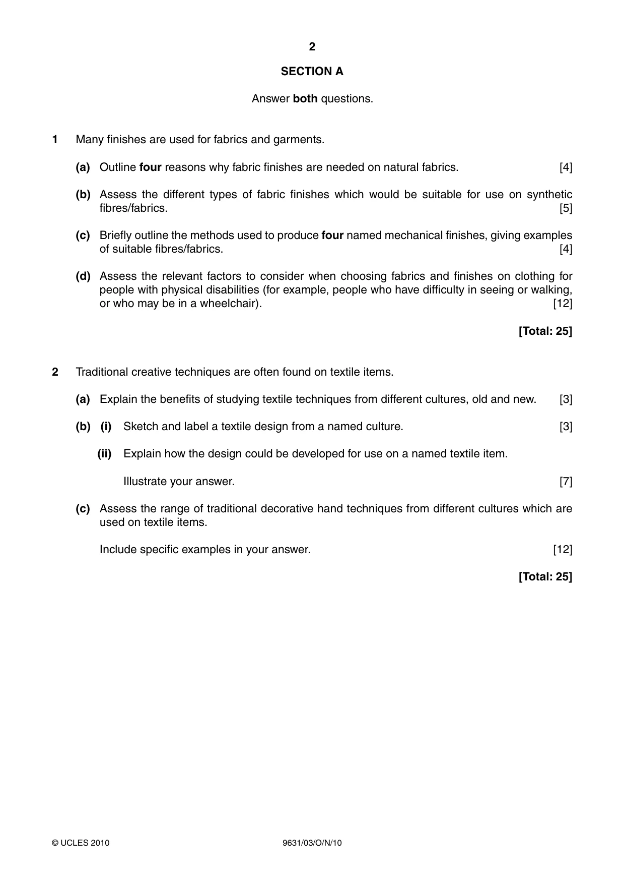 Cambridge A Level Design and Textiles 9631 2010 Oct/Nov Paper 3 · Variant 1 question paper, page 2 of 4